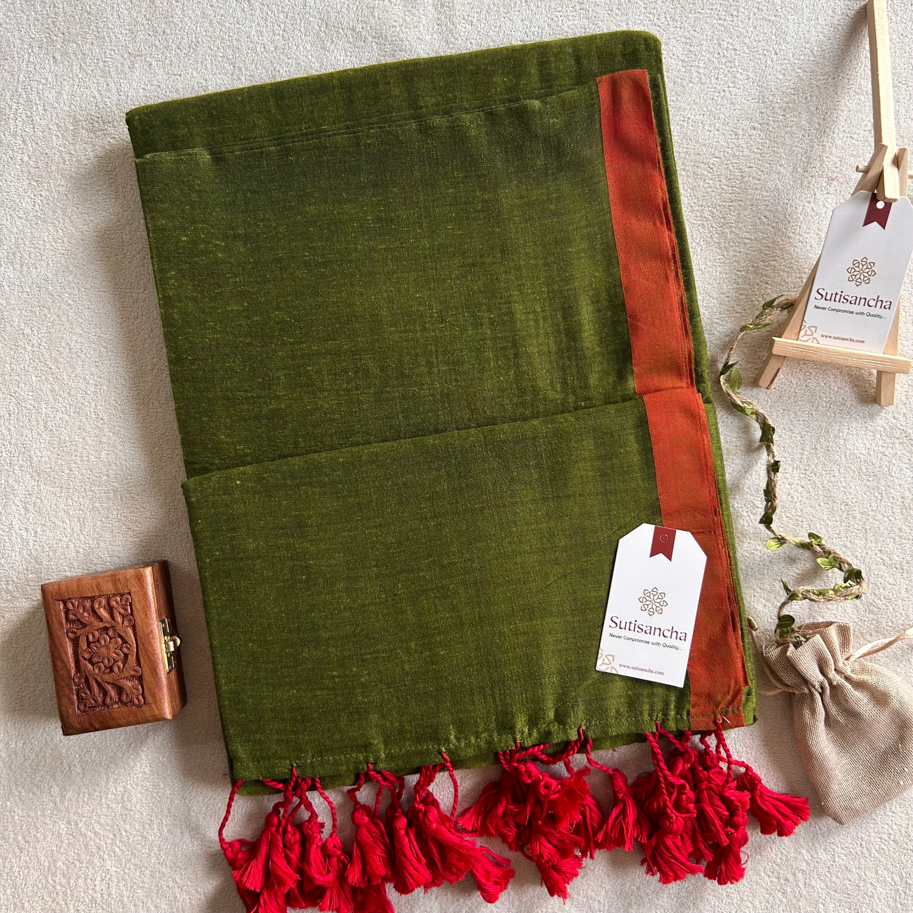 Sutisancha Mehndi & Red Border Handloom Saree