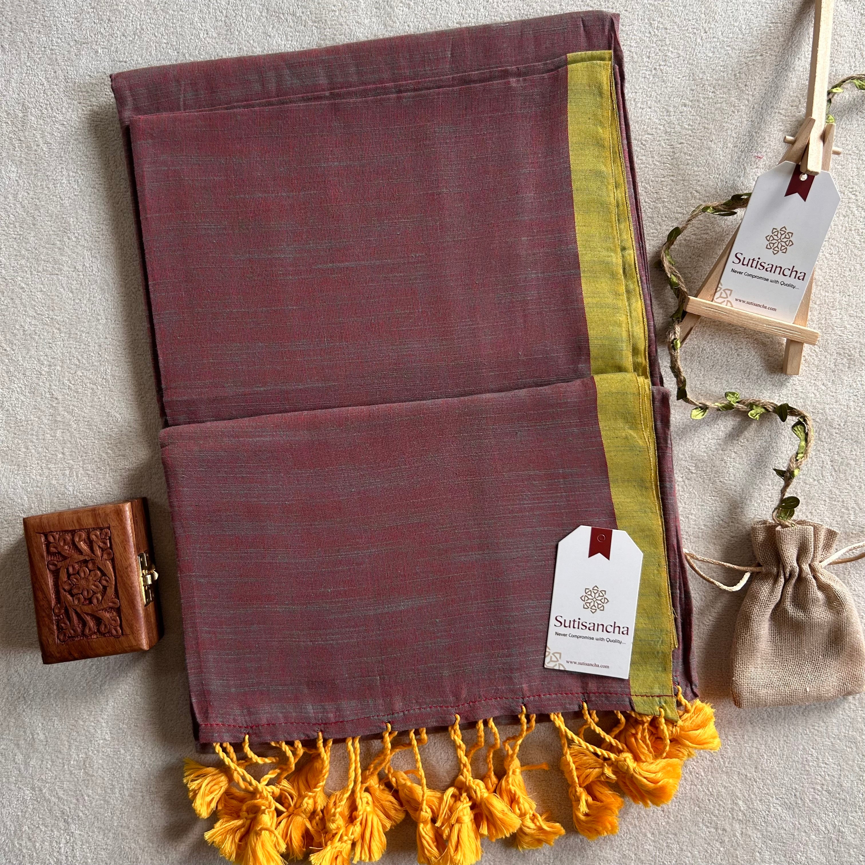 Sutisancha Nut Brown & Parrot Border Handloom Saree