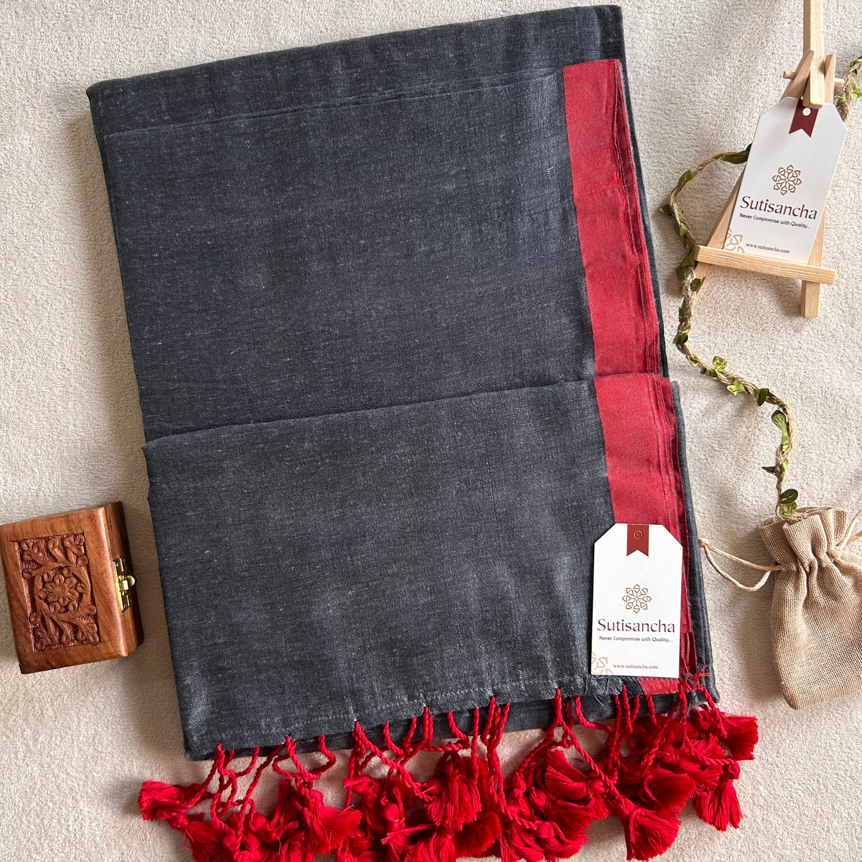 Sutisancha Grey & Maroon Border Handloom Saree