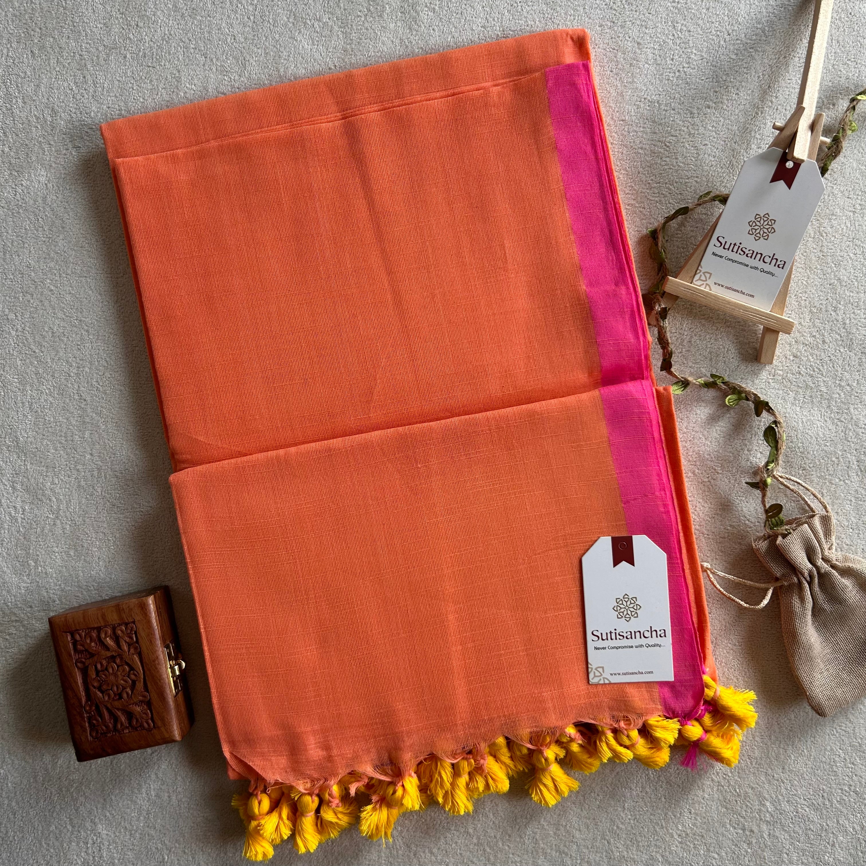 Sutisancha Peach & Pink Border Handloom Cotton Saree