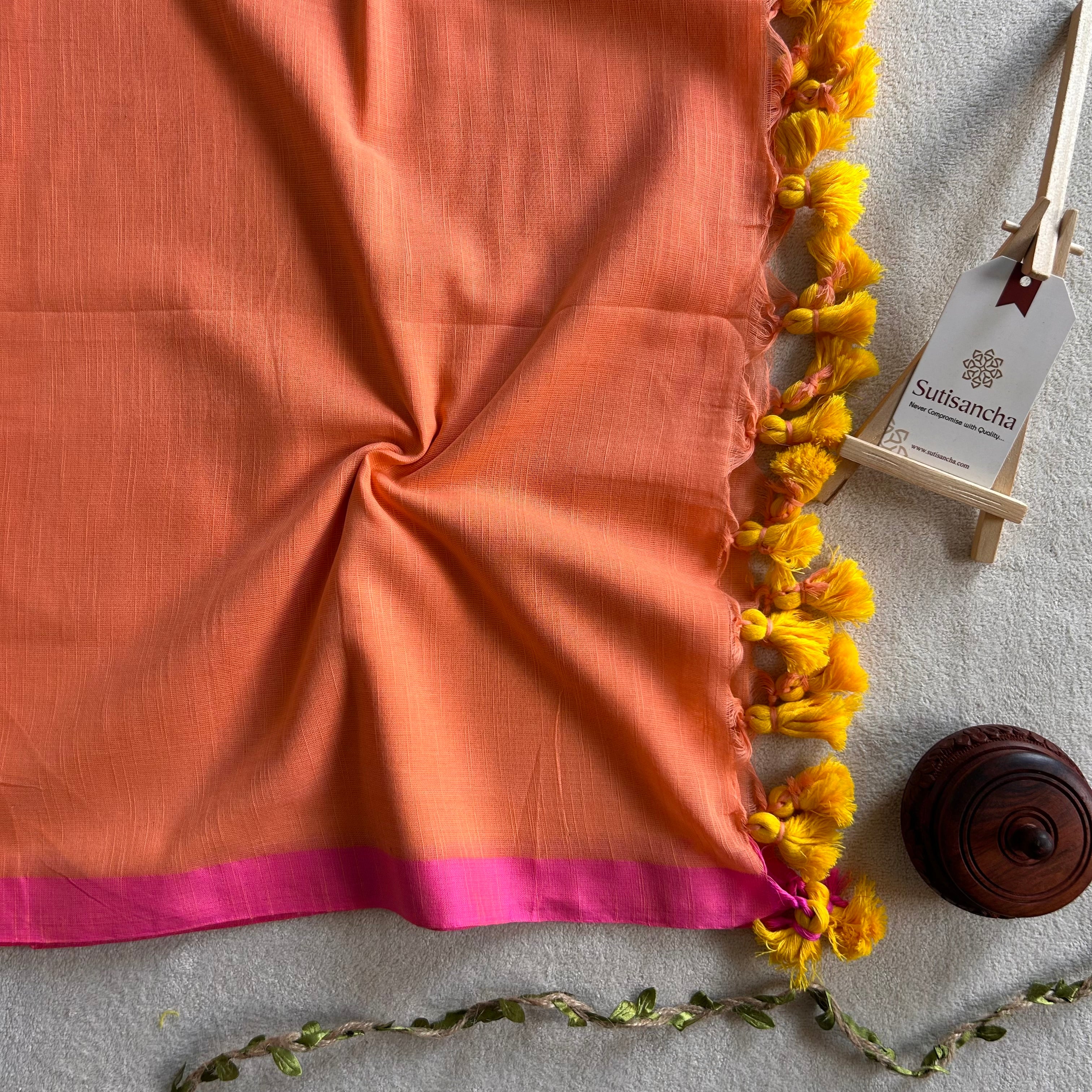 Sutisancha Peach & Pink Border Handloom Cotton Saree