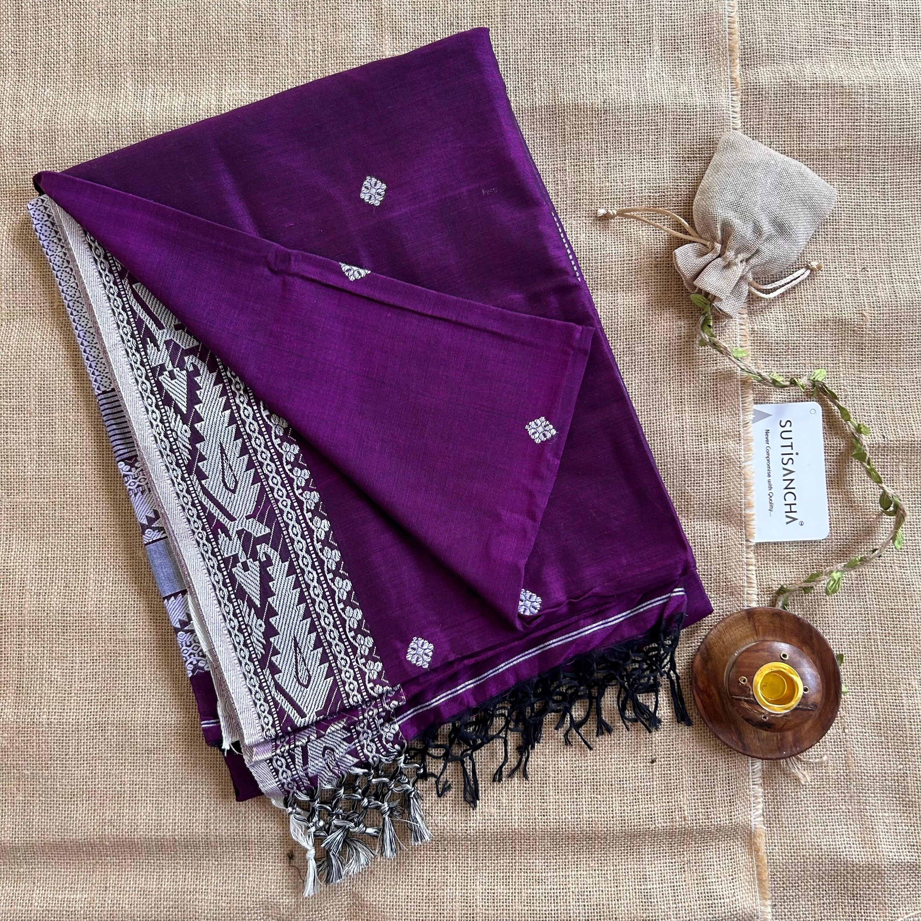 Pure Handloom Cotton Purple jamdani Weaving saree - Suti Sancha