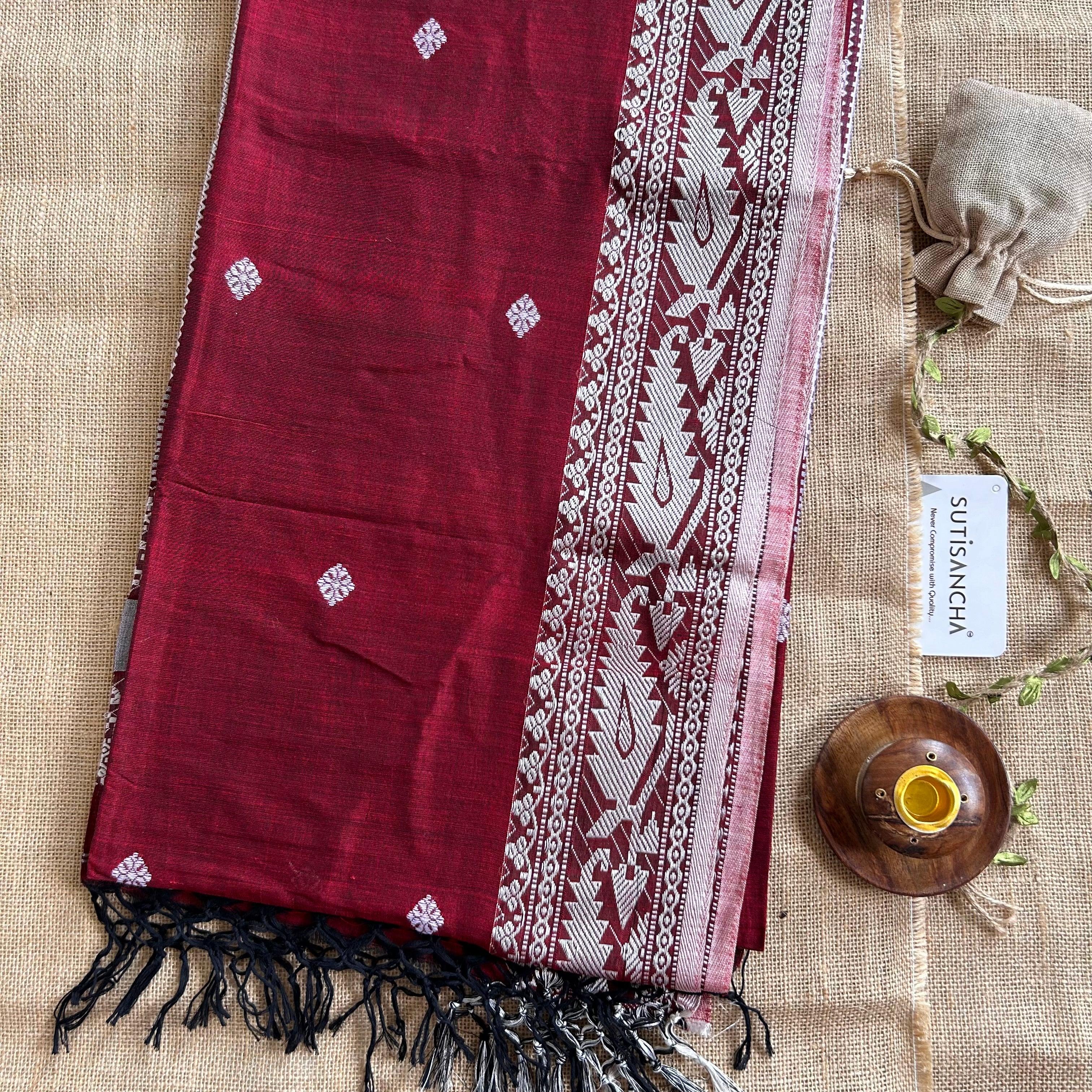Pure Handloom Cotton Maroon jamdani Weaving saree - Suti Sancha