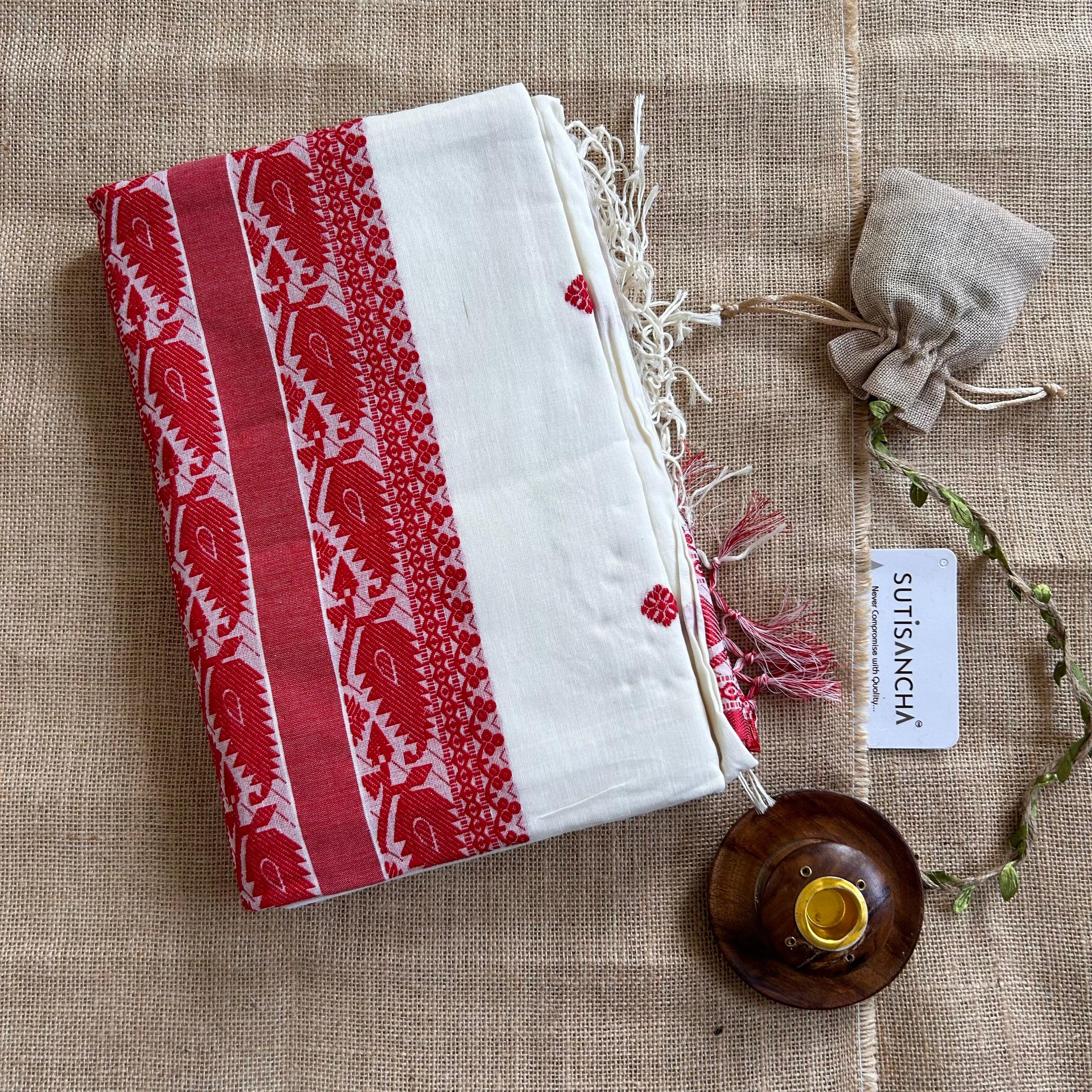 Pure Handloom Cotton Off-white jamdani Weaving saree - Suti Sancha