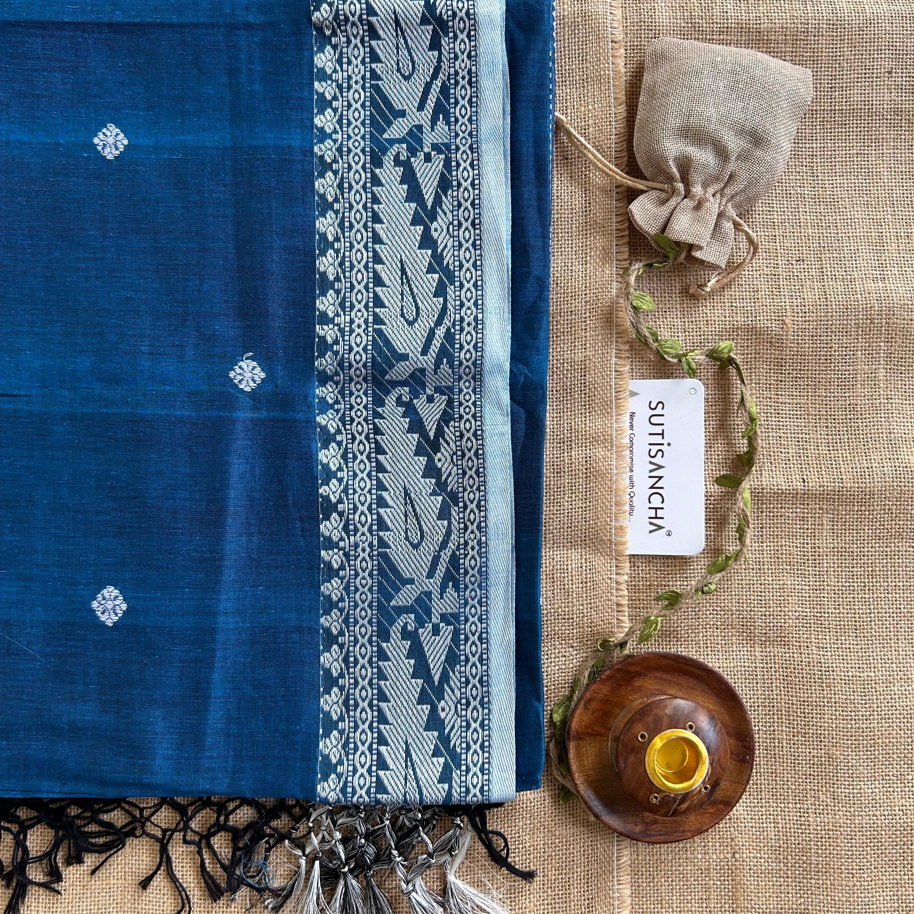 Pure Handloom Cotton Indigoblue jamdani Weaving saree - Suti Sancha