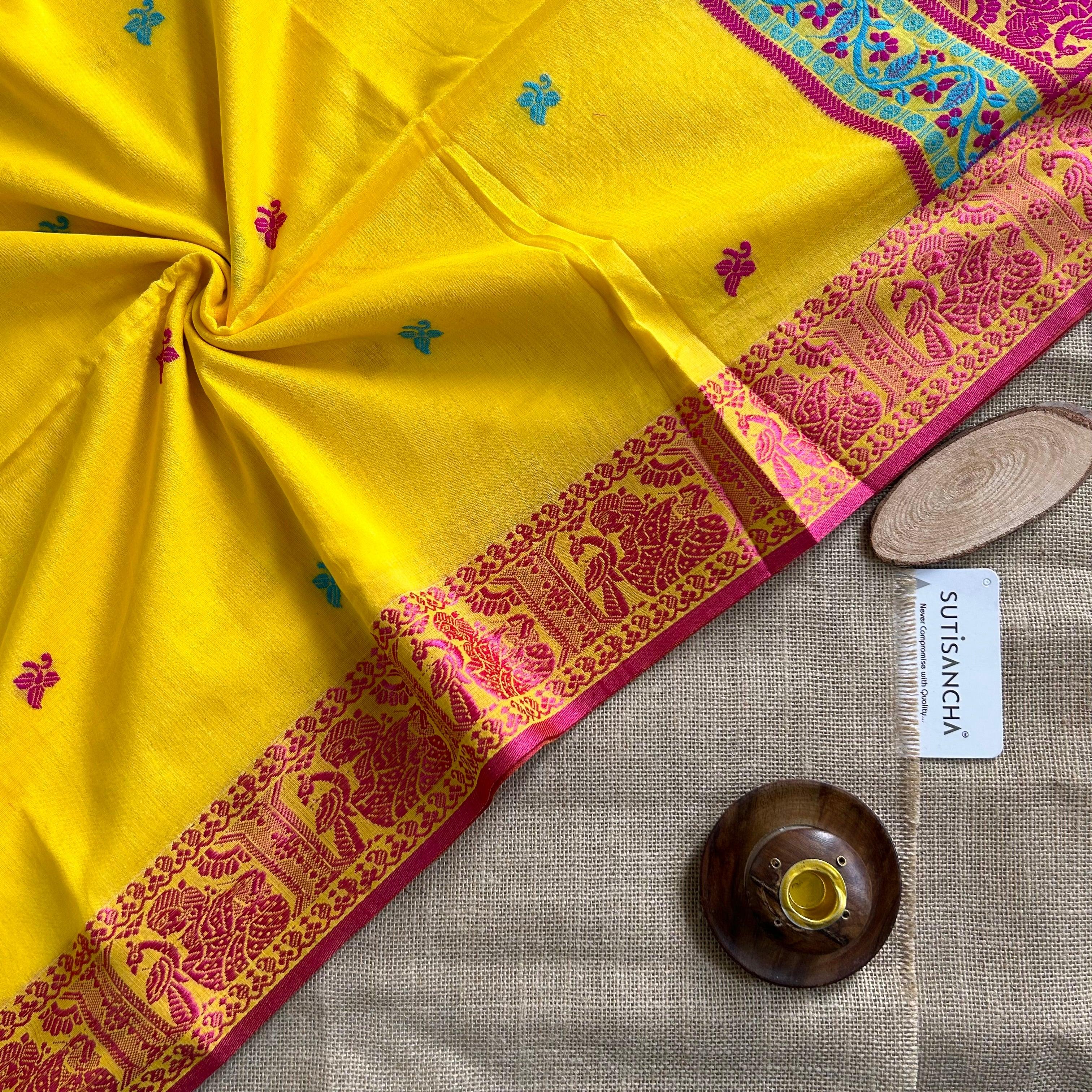 Sutisancha Handloom Cotton Yellow jamdani saree - Suti Sancha