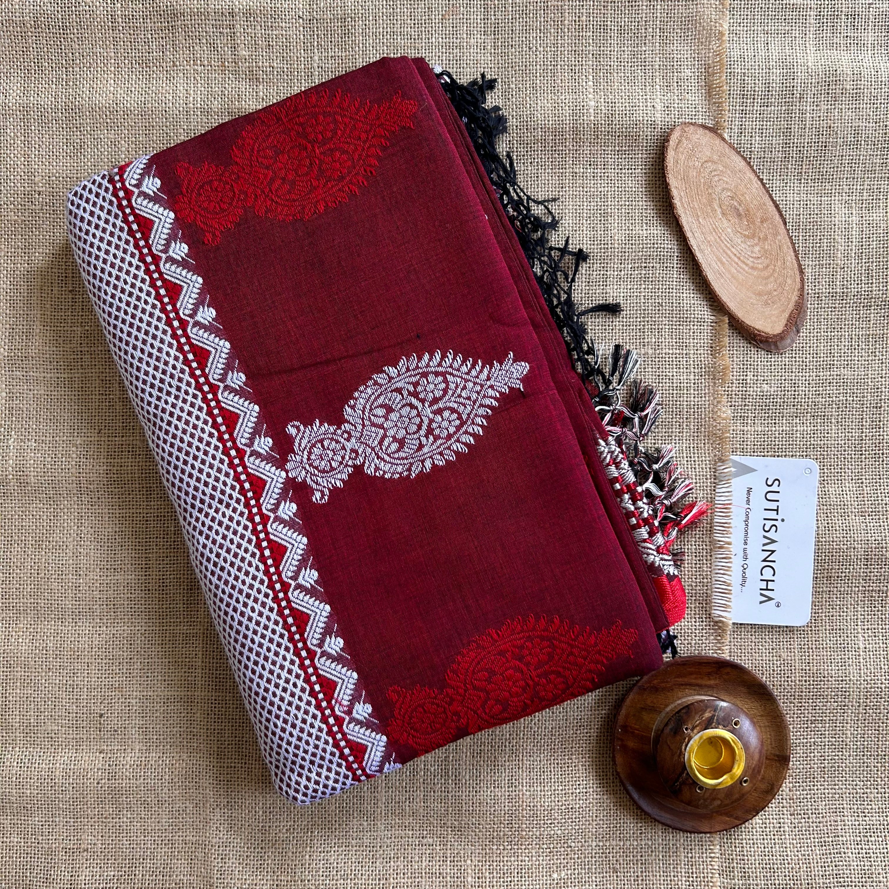Pure Handloom Cotton Maroon jamdani Weaving saree