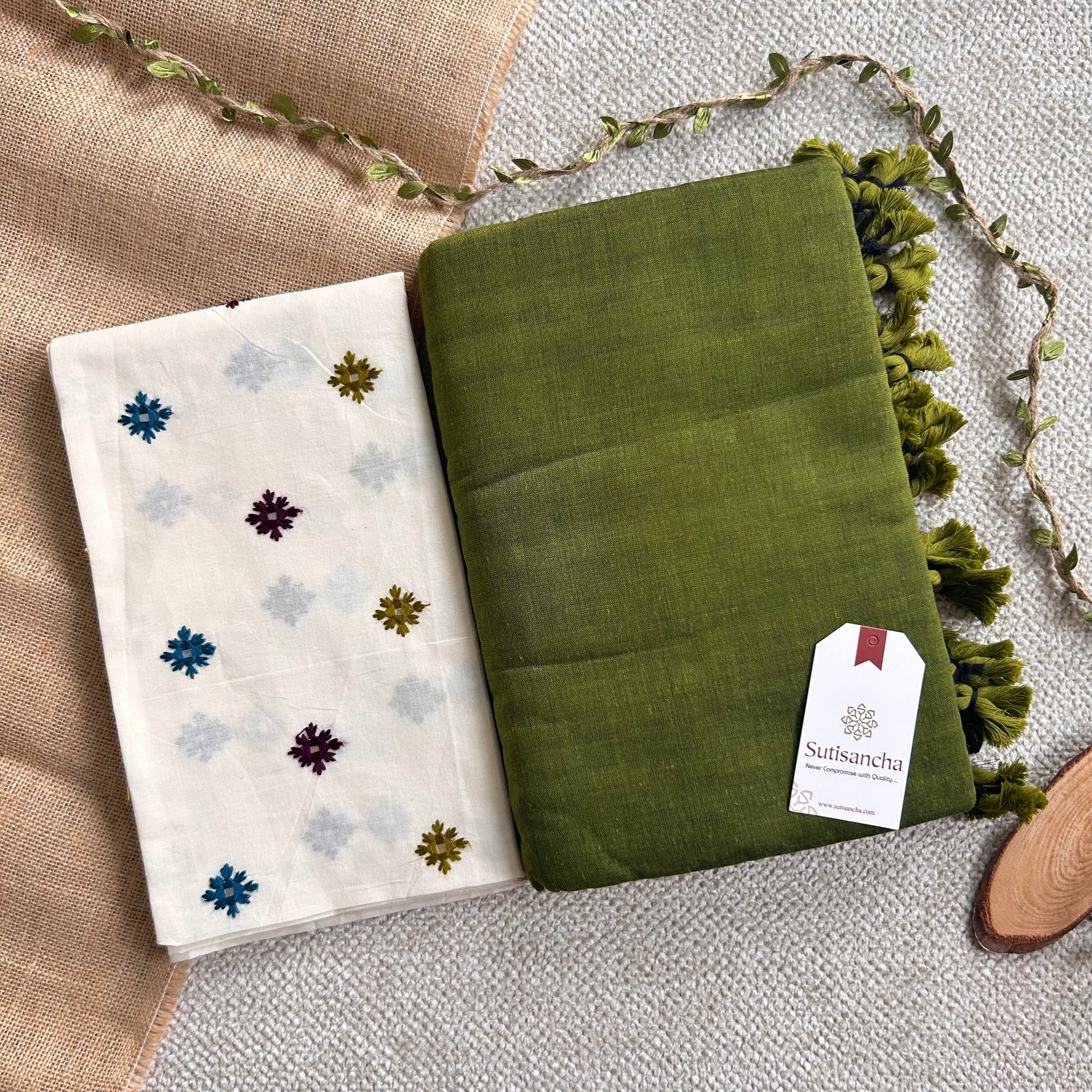 Sutisancha Mehndi Cotton Saree designer work Blouse