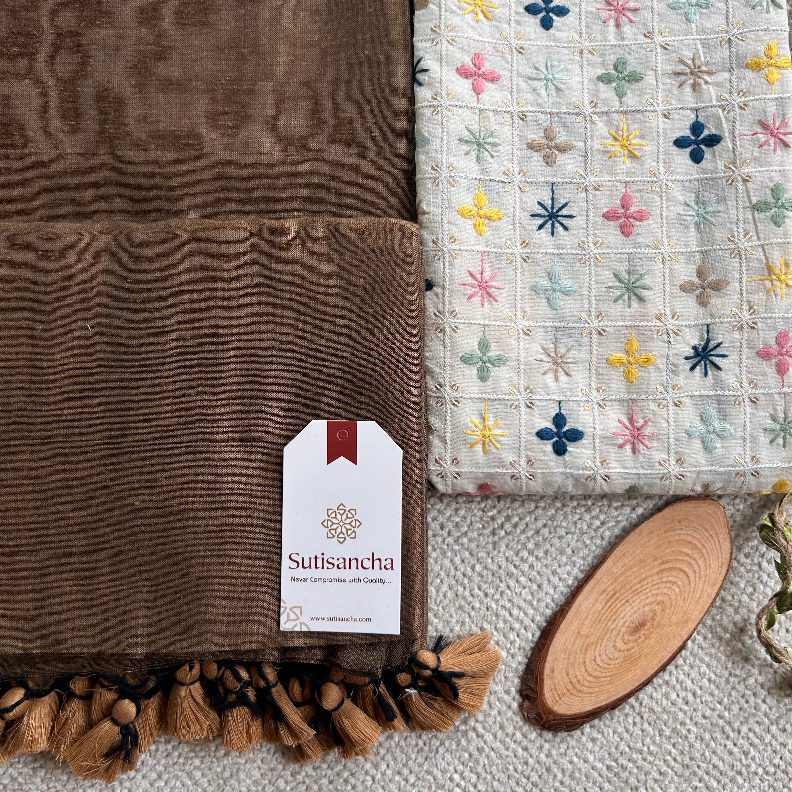 Sutisancha Brown Cotton Saree Designer Work Blouse