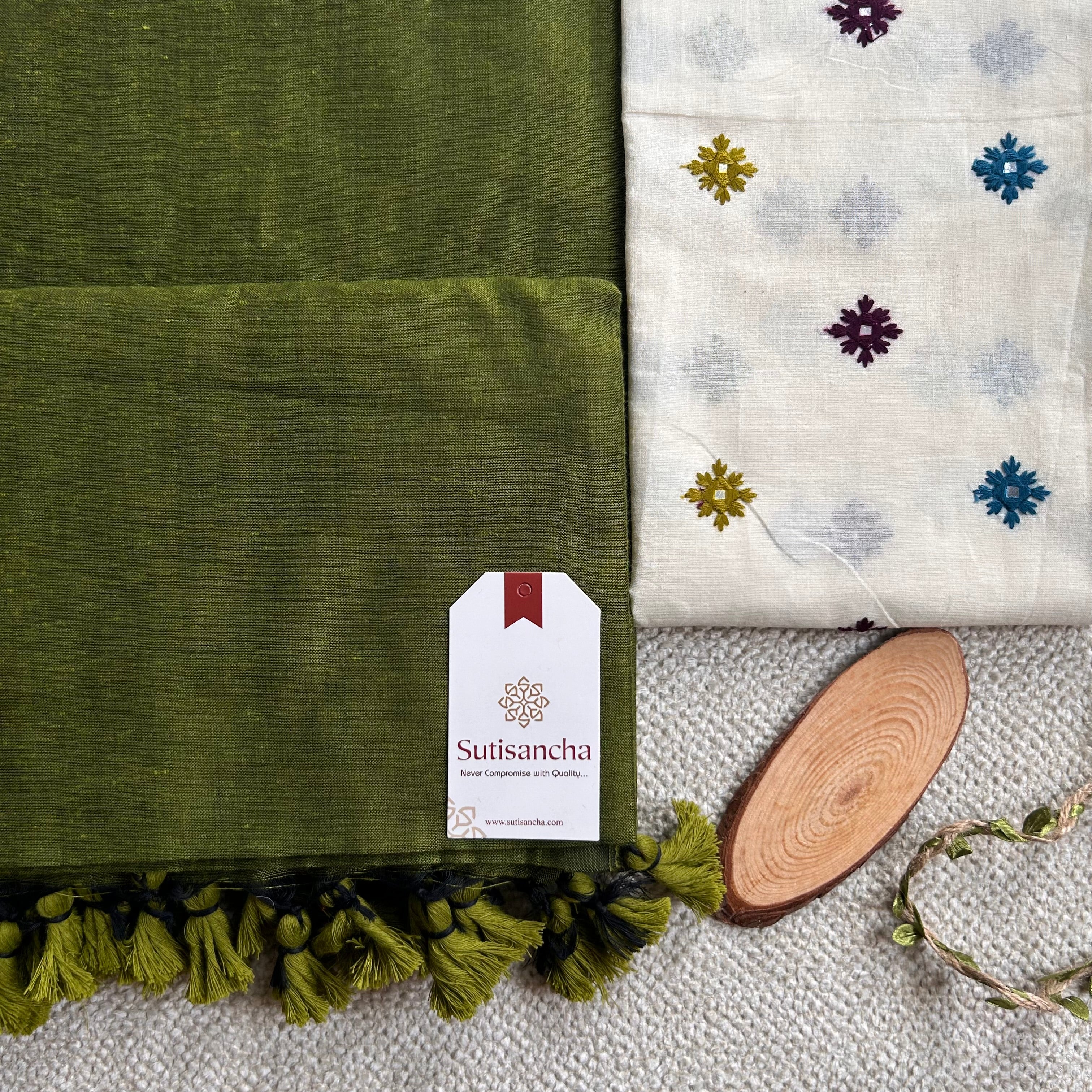 Sutisancha Mehndi Cotton Saree designer work Blouse