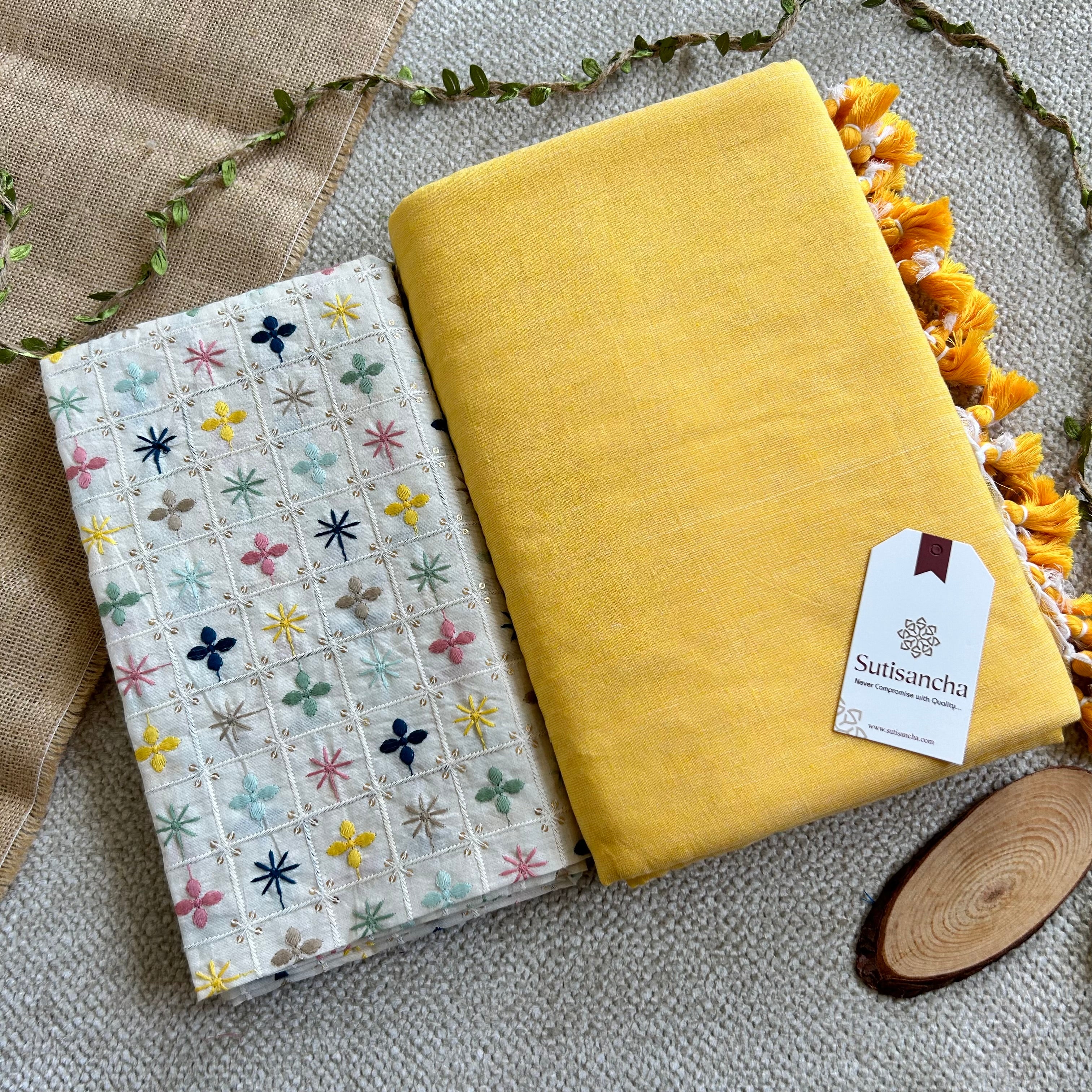 Sutisancha Yellow Cotton Saree designer work Blouse