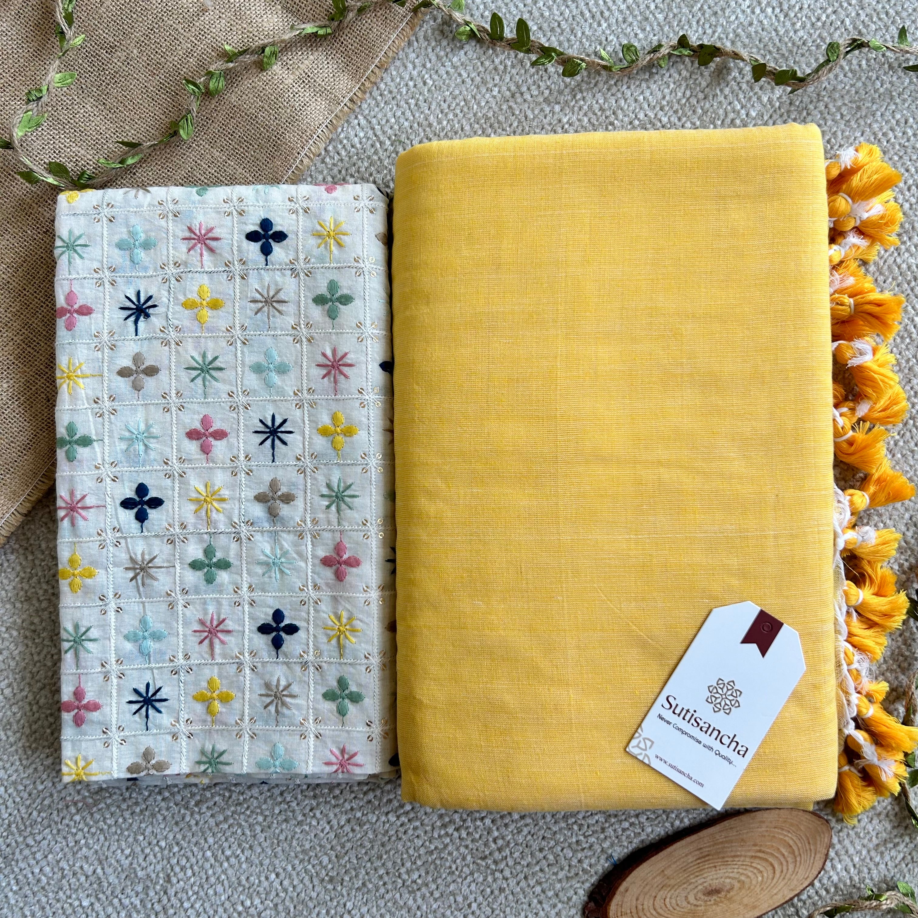 Sutisancha Yellow Cotton Saree designer work Blouse