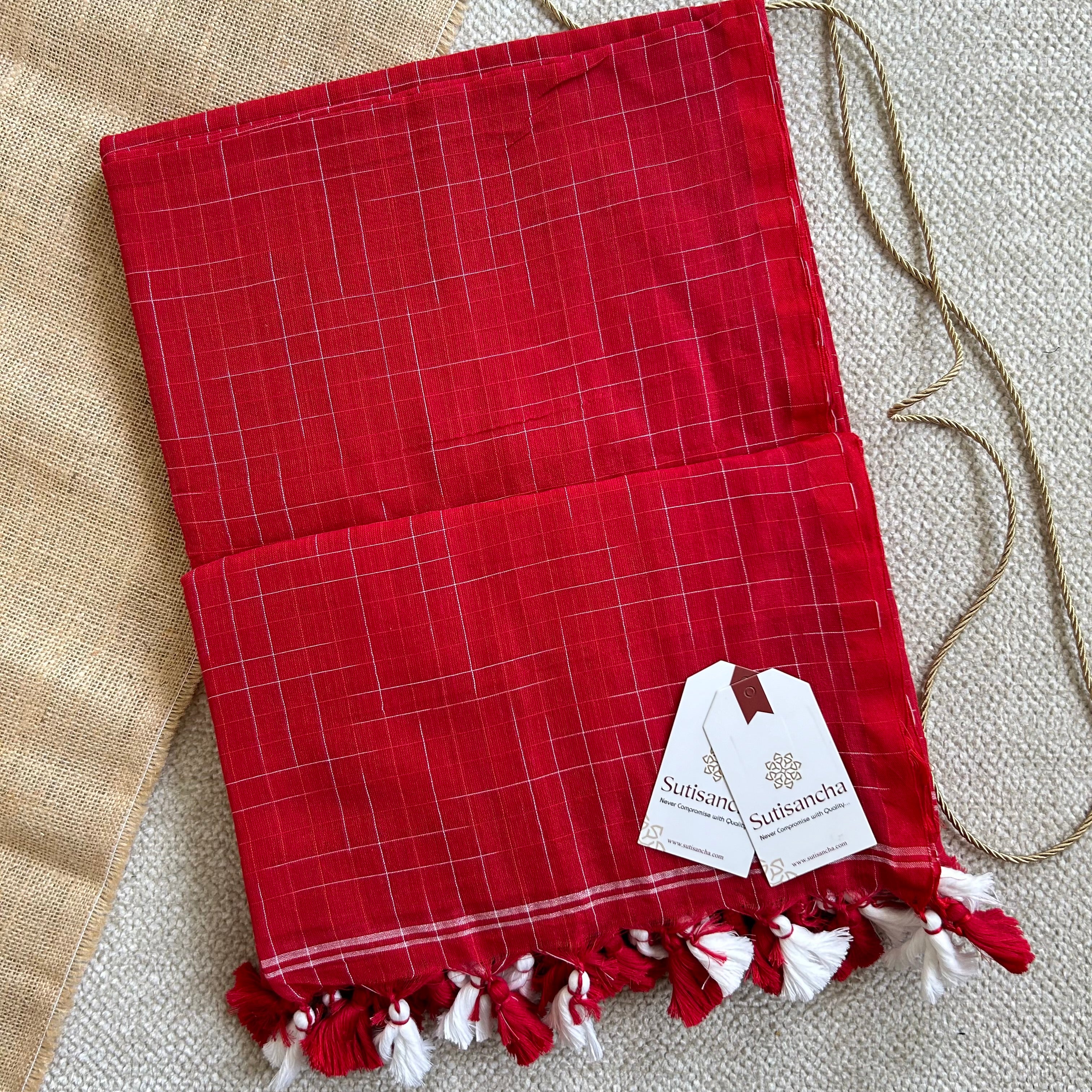 Sutisancha Red Handloom Cotton Saree with Trendy Kotki Checks Design
