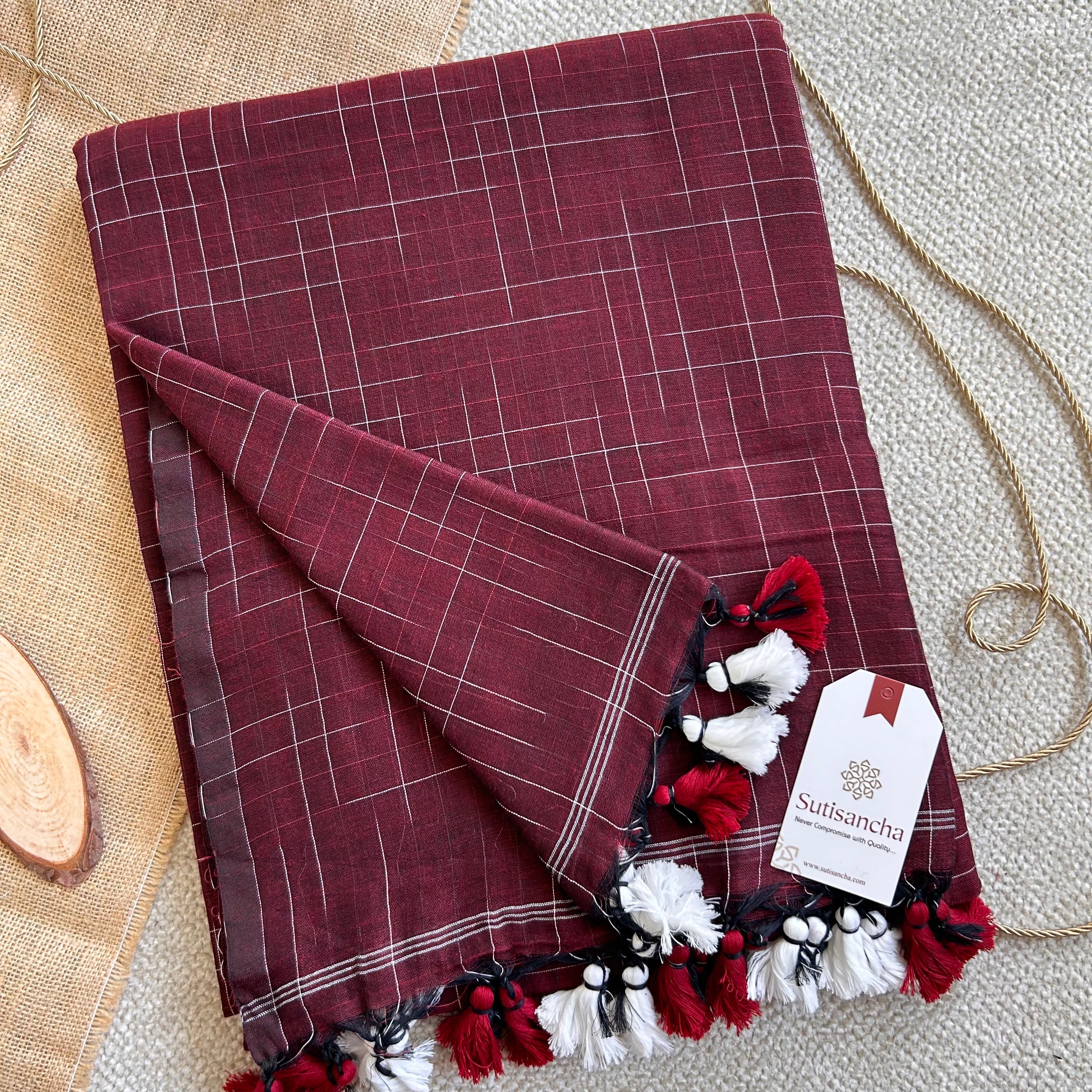 Sutisancha Maroon Handloom Cotton Saree with Trendy Kotki Checks Design