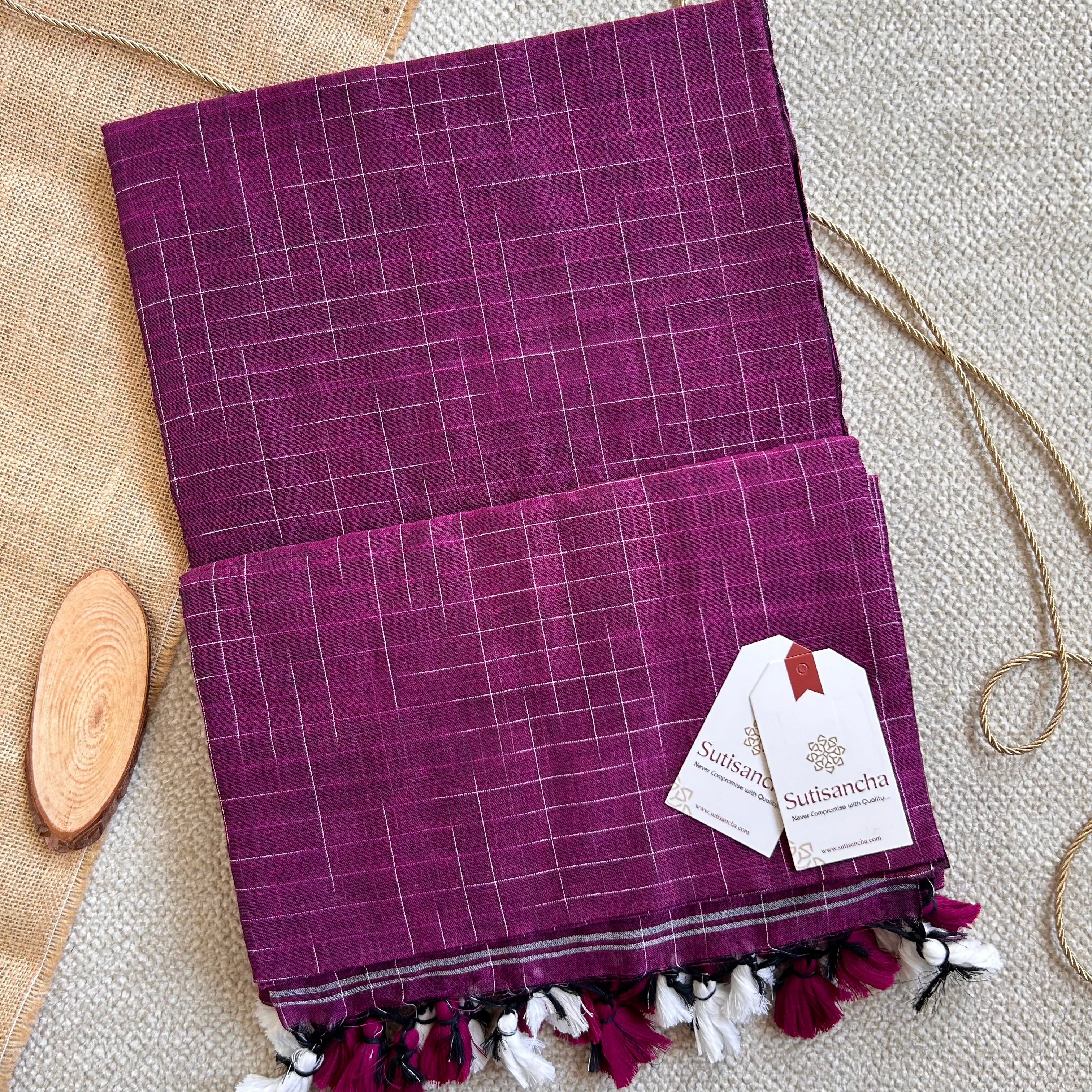 Sutisancha Magenta Handloom Cotton Saree with Trendy Kotki Checks Design
