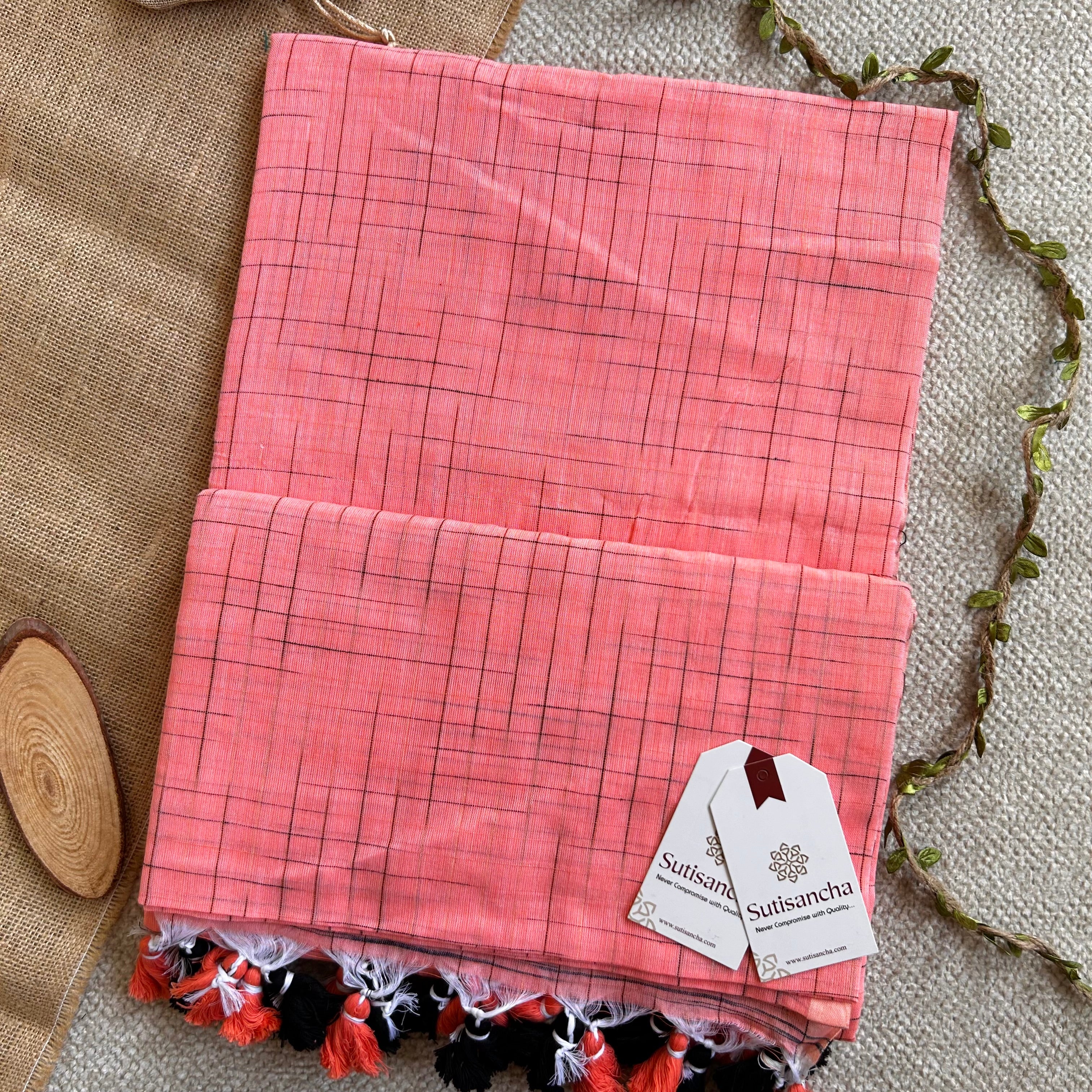 Sutisancha Peach Handloom Cotton Saree with Trendy Kotki Checks Design