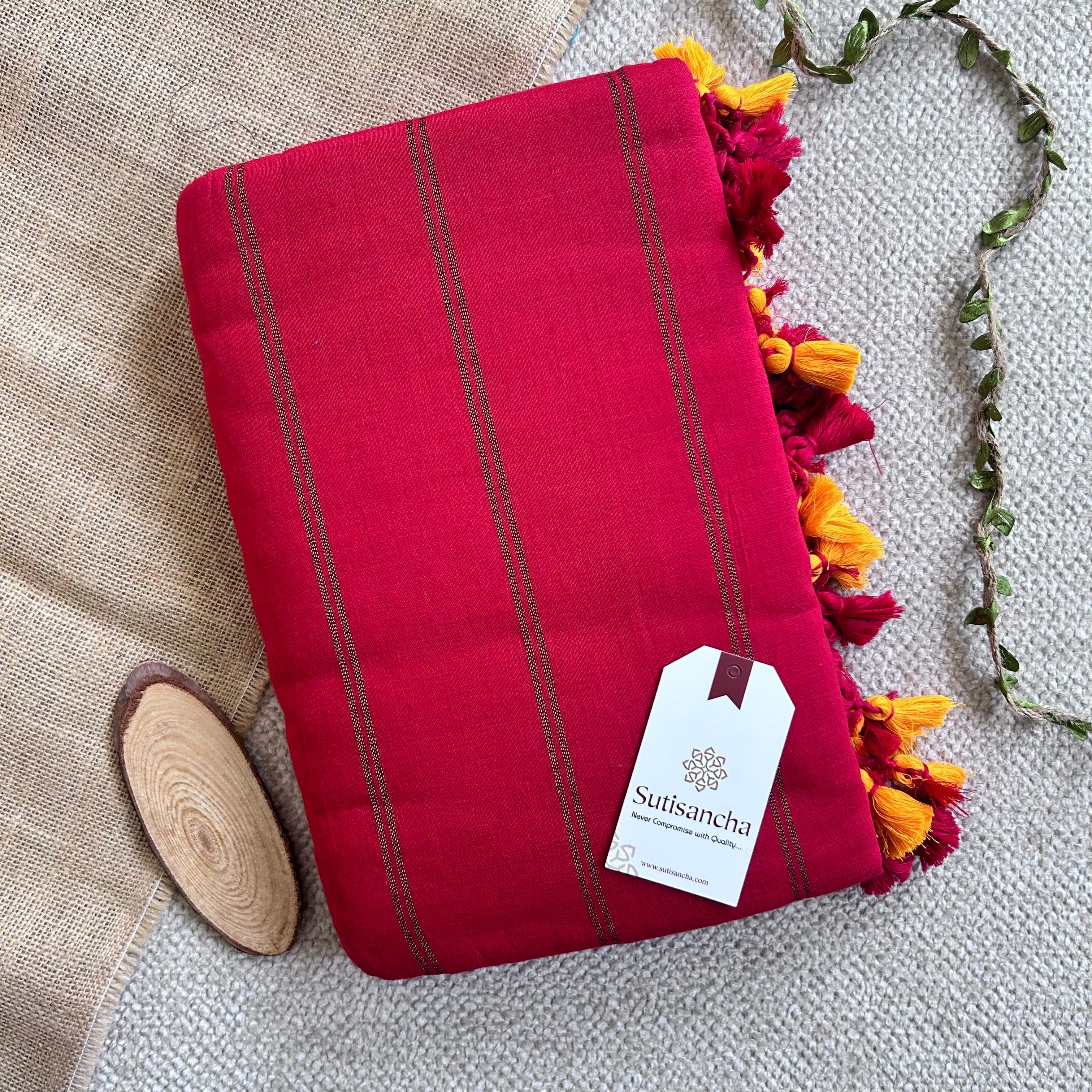 Sutisancha Red Dual Zari Stripe Saree