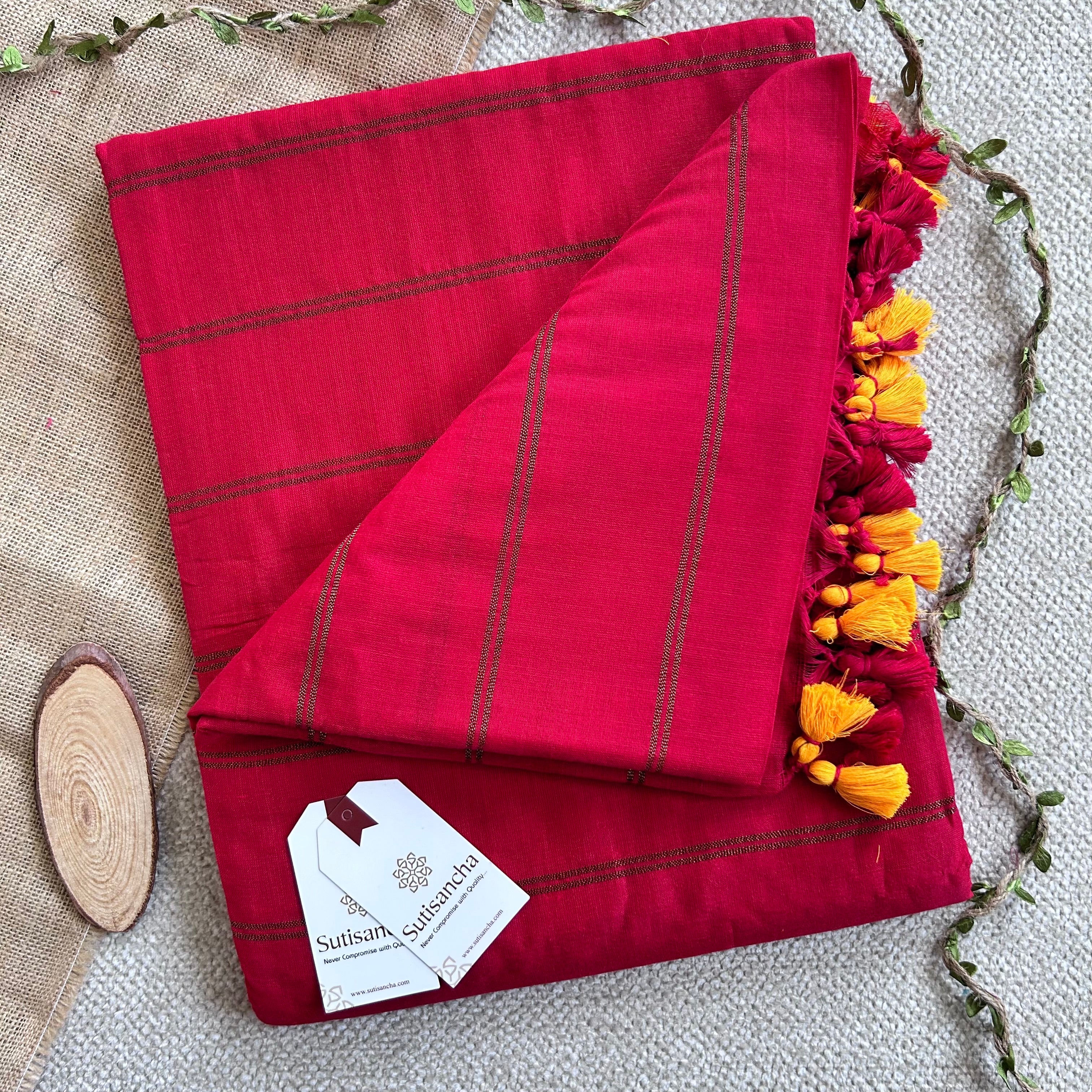Sutisancha Red Dual Zari Stripe Saree