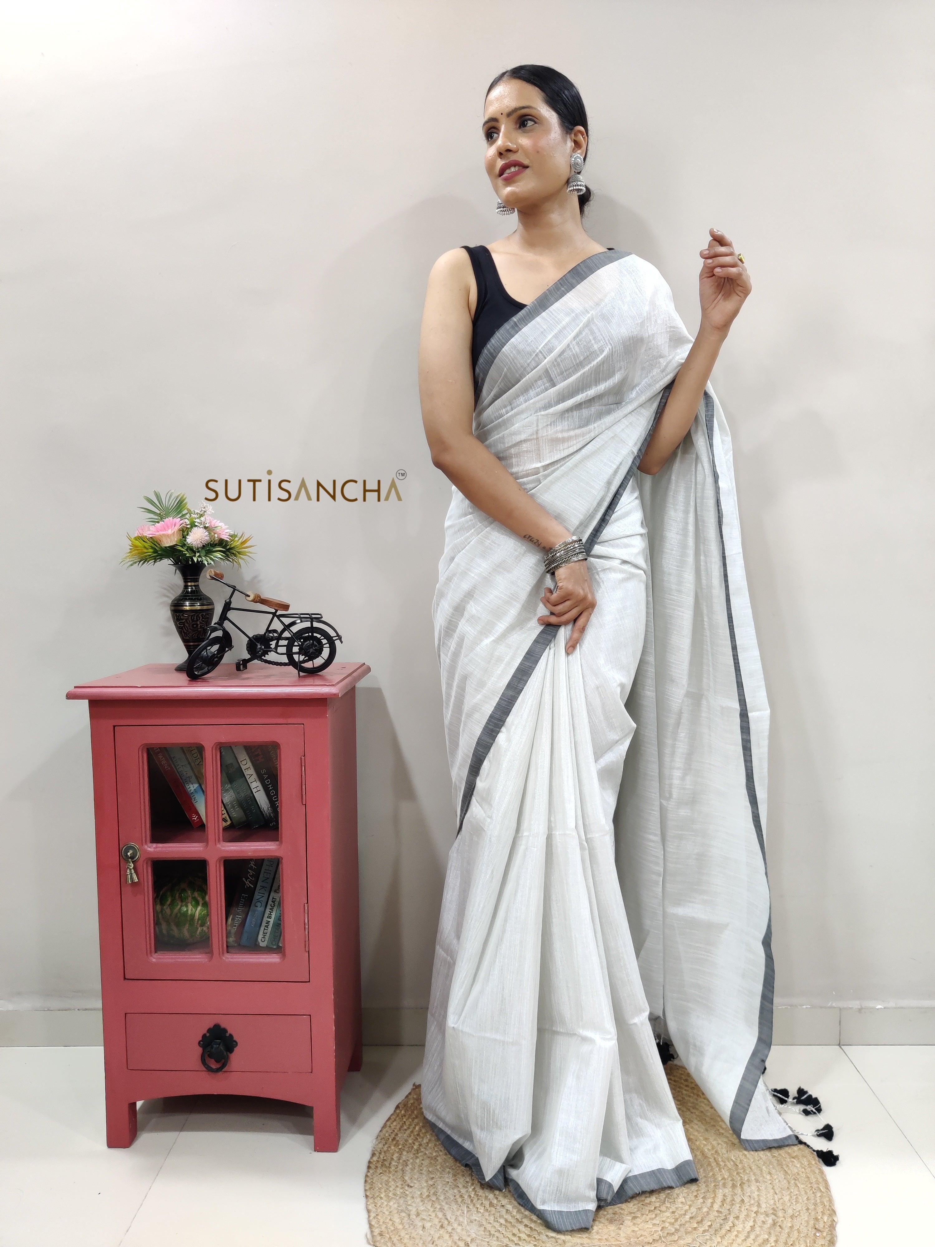white colour Hand Woven Cotton Blend Tissue Saree - Suti Sancha