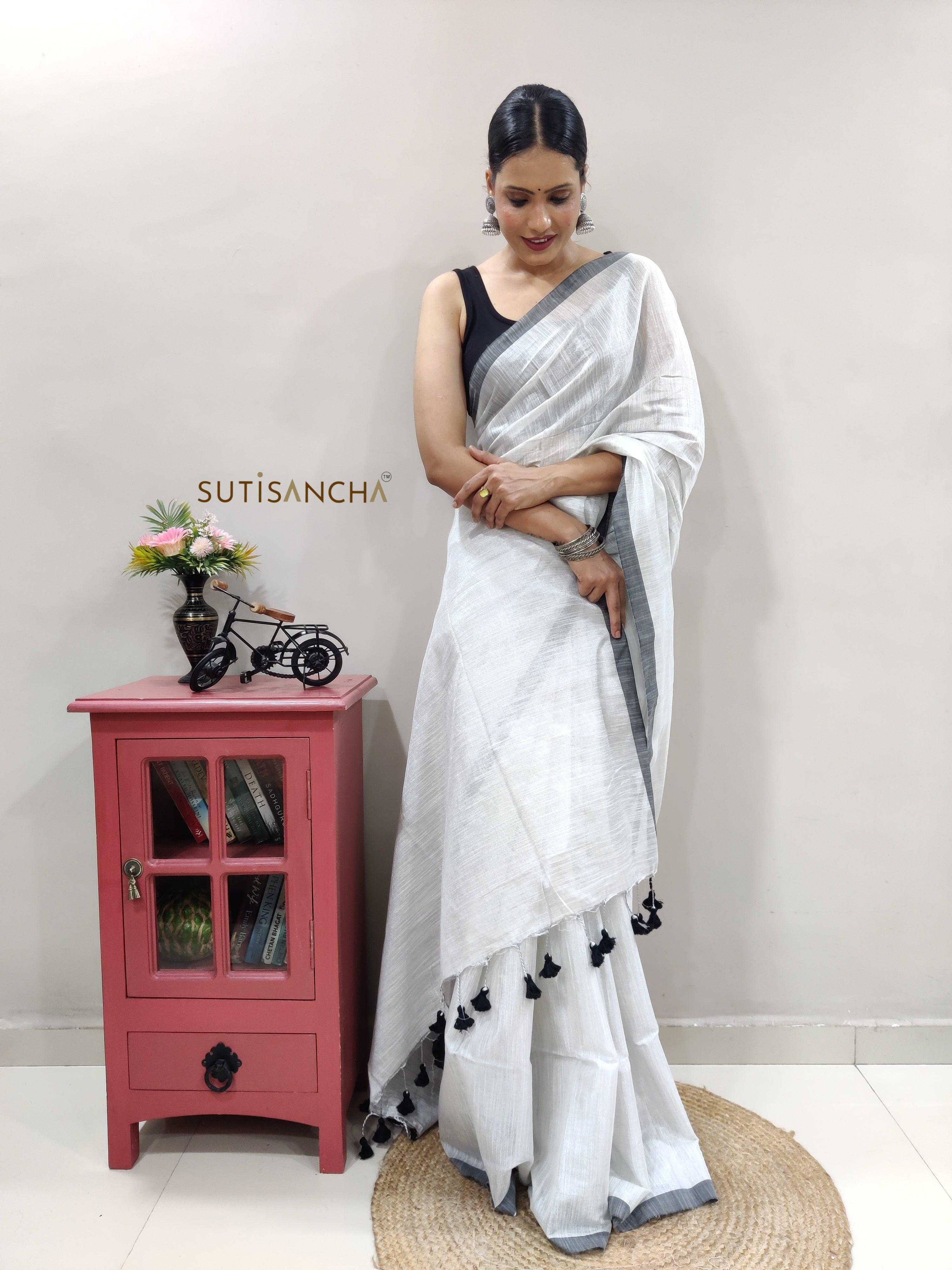white colour Hand Woven Cotton Blend Tissue Saree - Suti Sancha