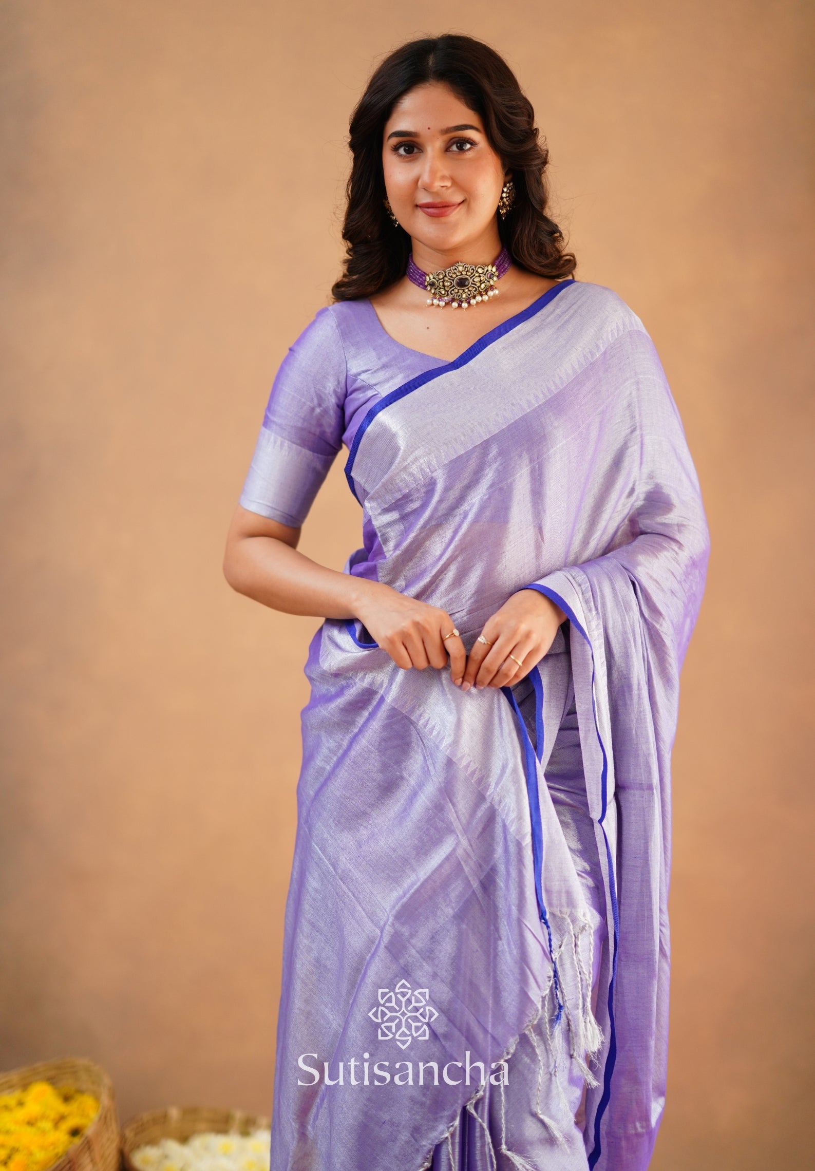 Sutisancha Lavender Handloom Cotton Tissue Saree