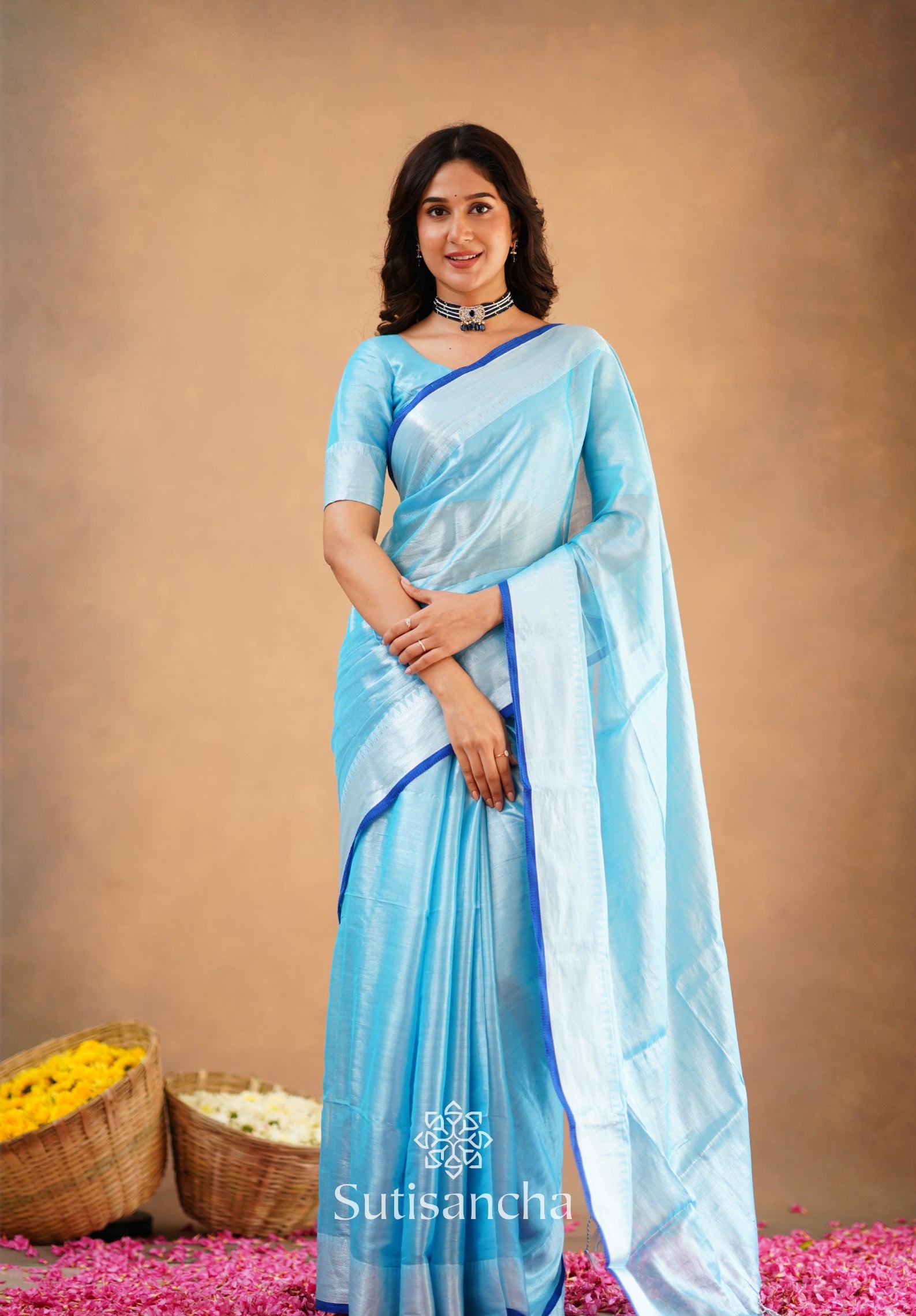 Sutisancha Aqua Blue Handloom Cotton Tissue Saree