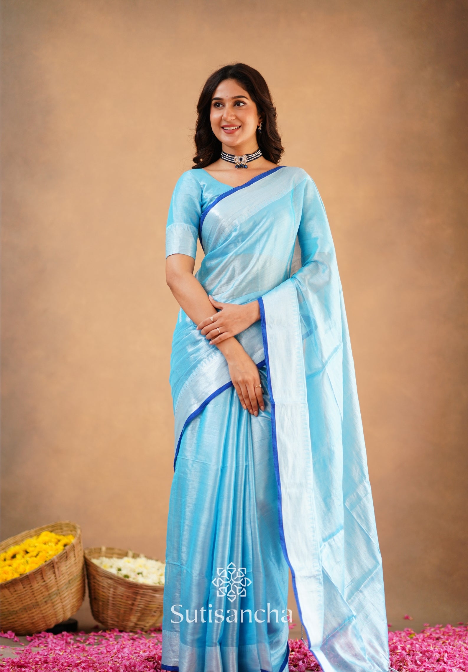 Sutisancha Aqua Blue Handloom Cotton Tissue Saree