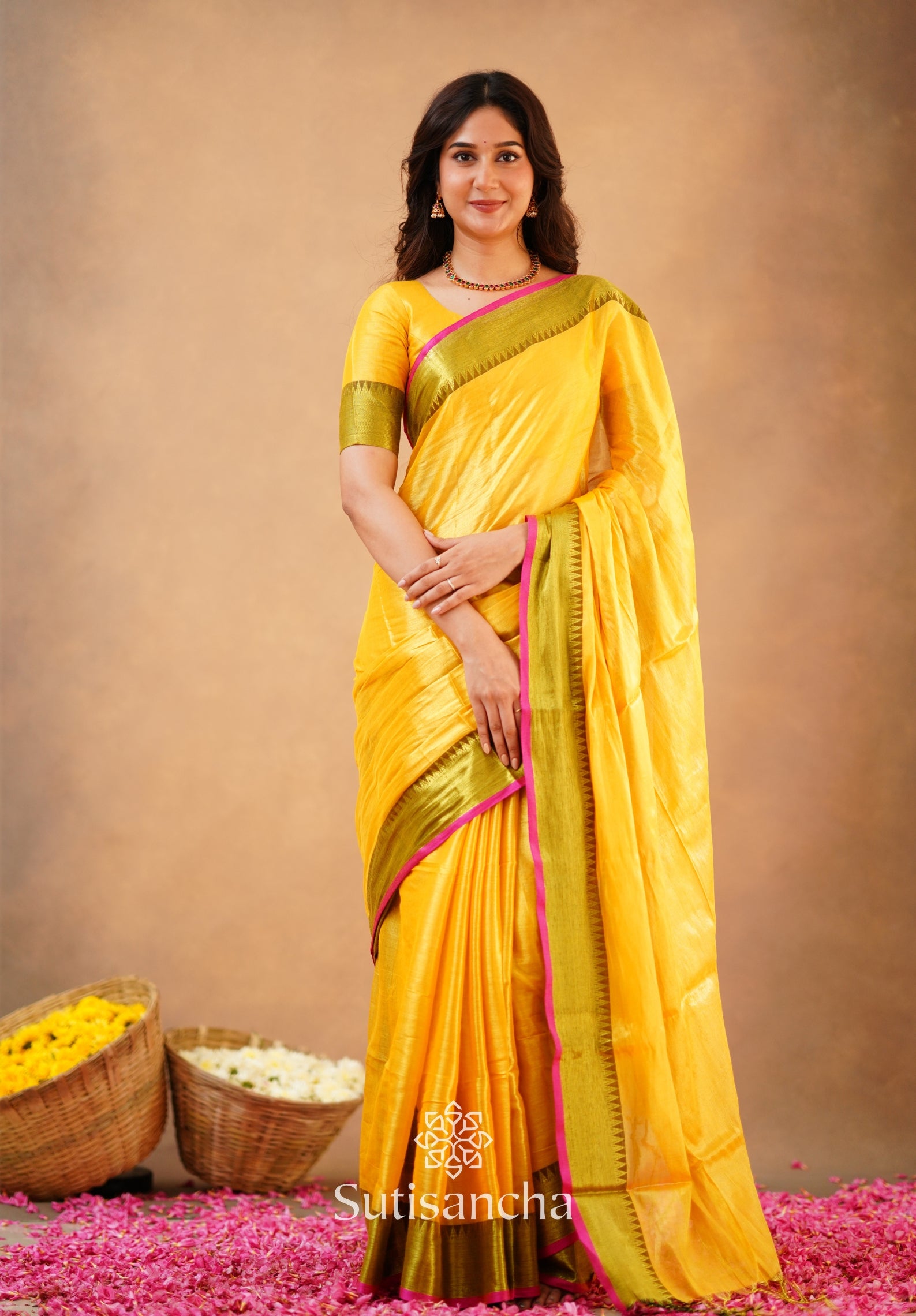 Sutisancha Yellow Handloom Cotton Tissue Saree