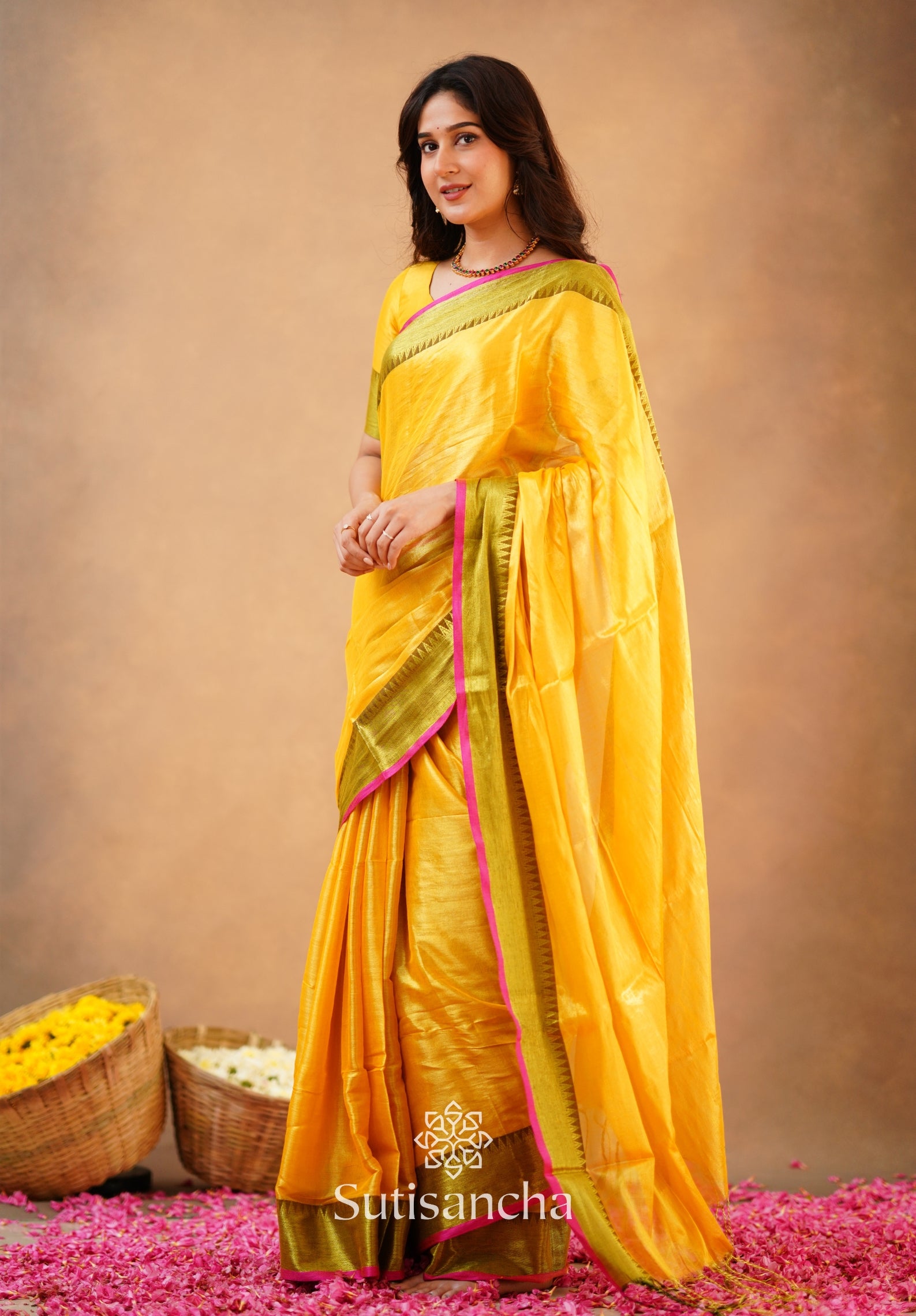Sutisancha Yellow Handloom Cotton Tissue Saree