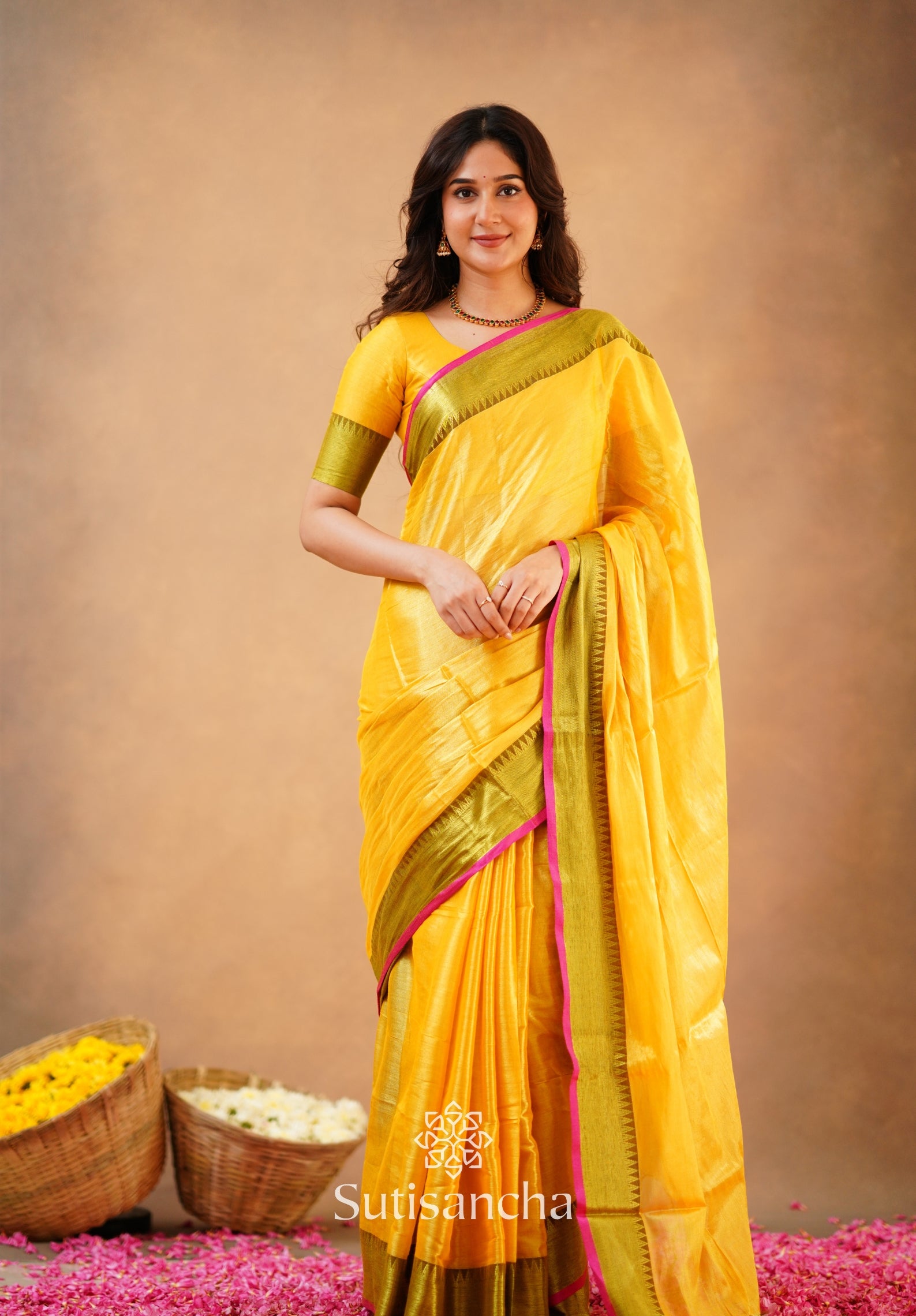 Sutisancha Yellow Handloom Cotton Tissue Saree