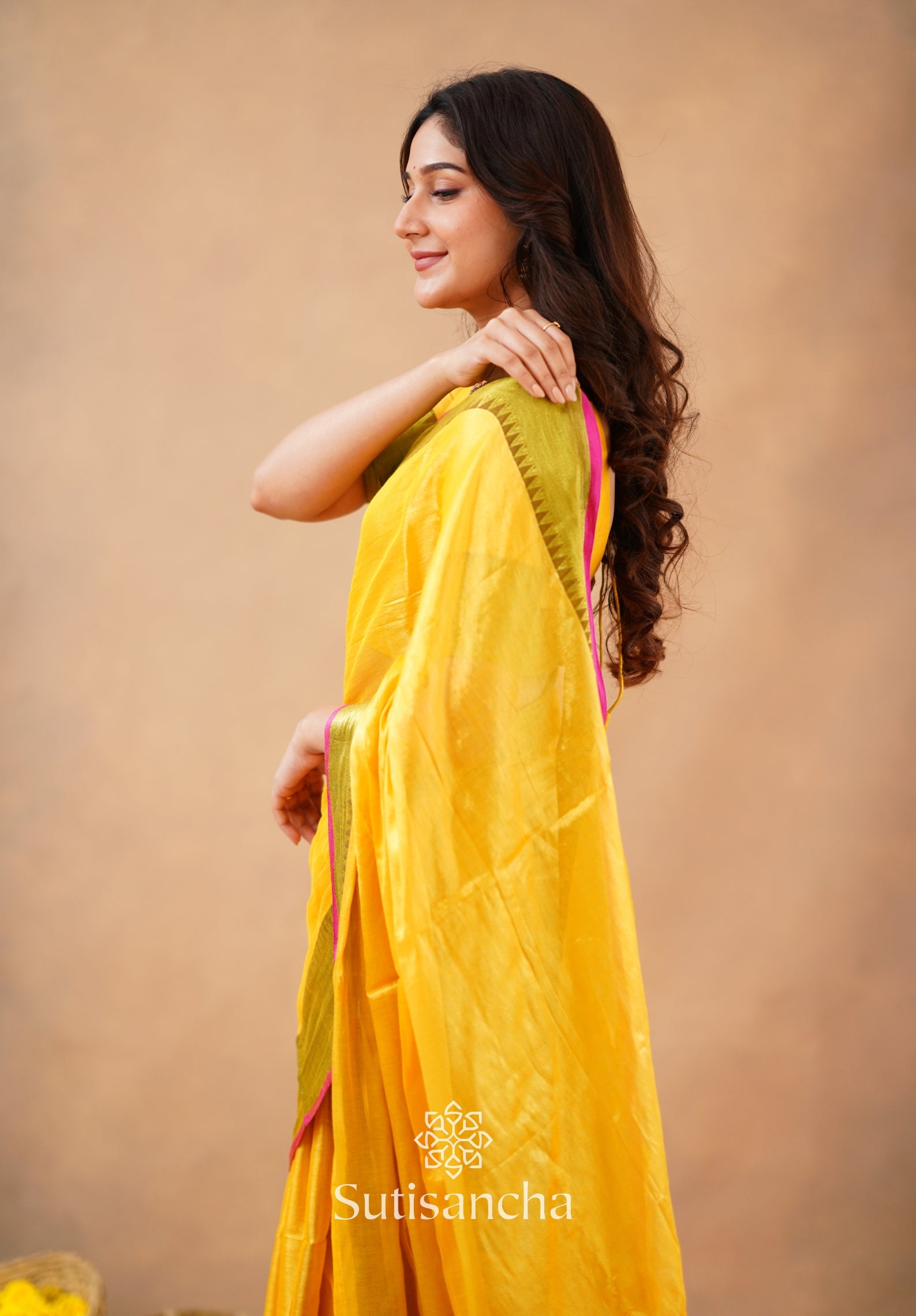 Sutisancha Yellow Handloom Cotton Tissue Saree