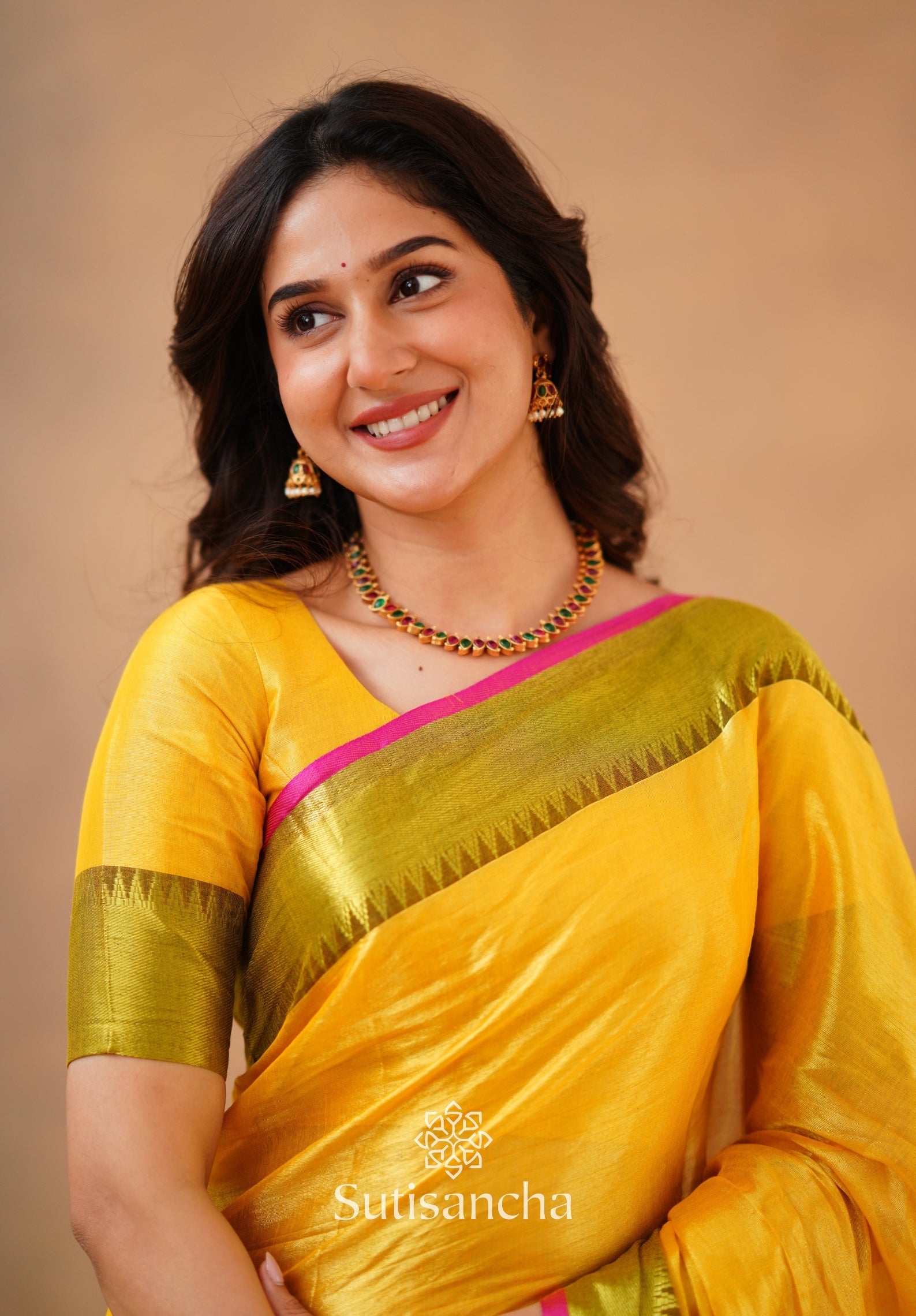 Sutisancha Yellow Handloom Cotton Tissue Saree