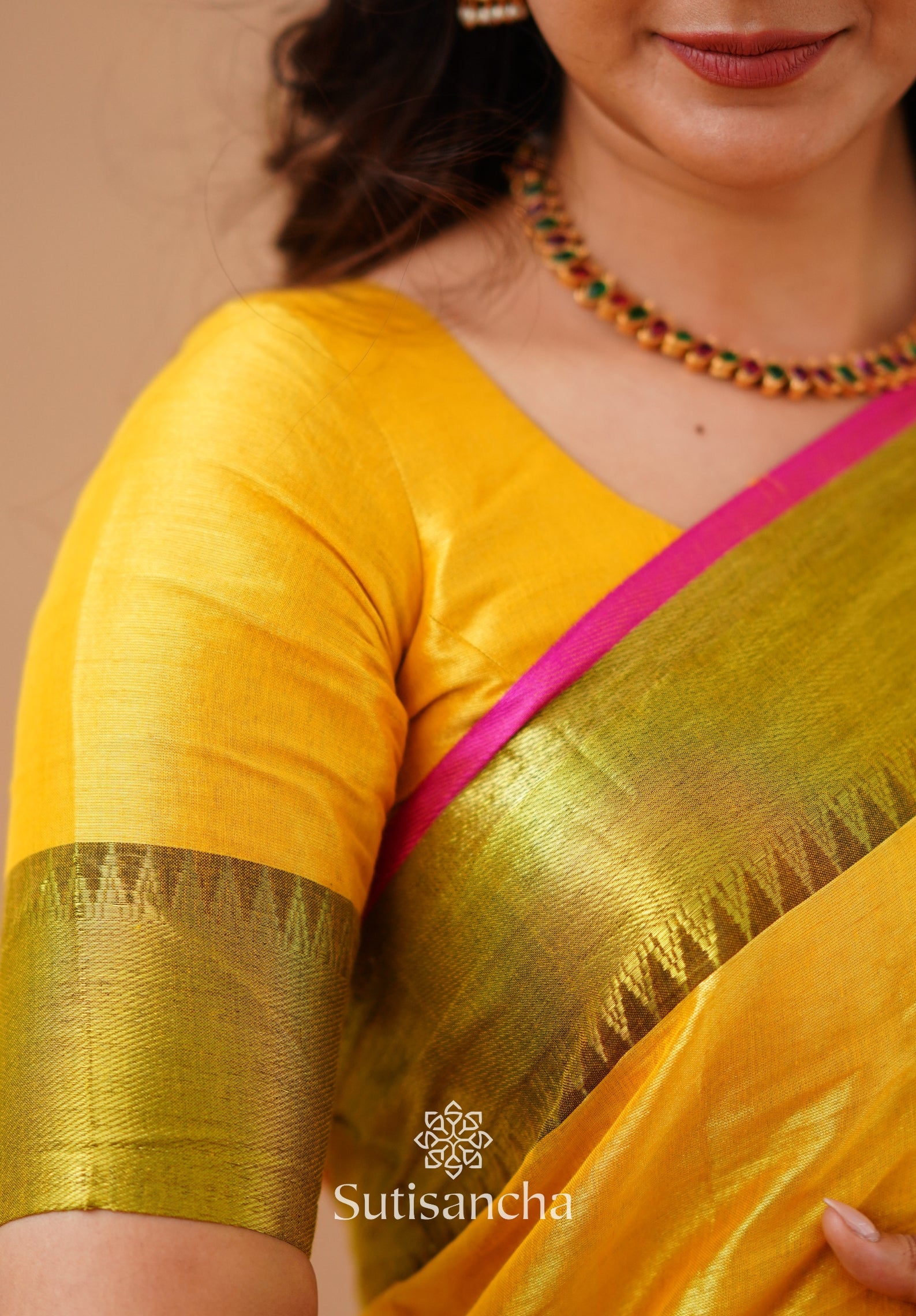 Sutisancha Yellow Handloom Cotton Tissue Saree