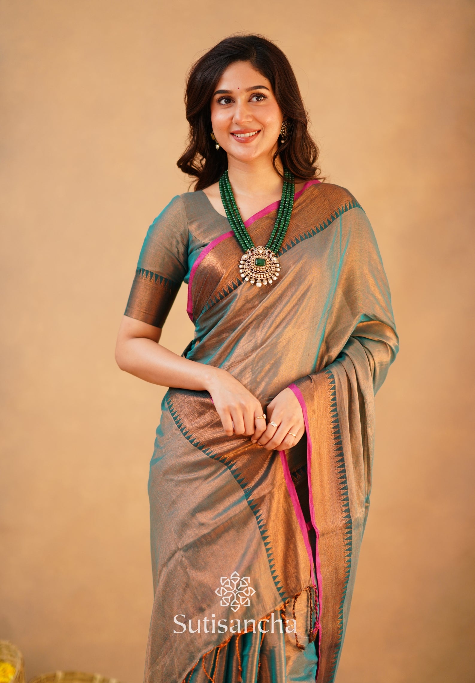 Sutisancha Rama Green Handloom Cotton Tissue Saree