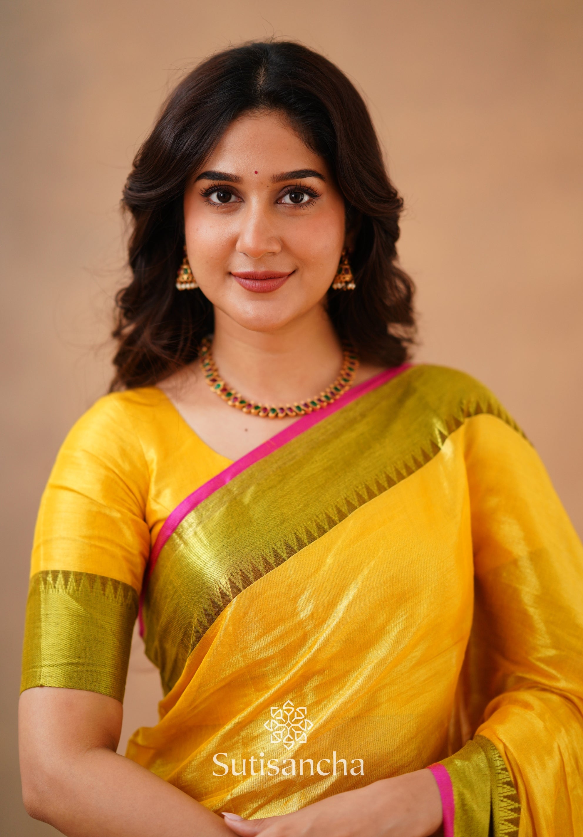 Sutisancha Yellow Handloom Cotton Tissue Saree