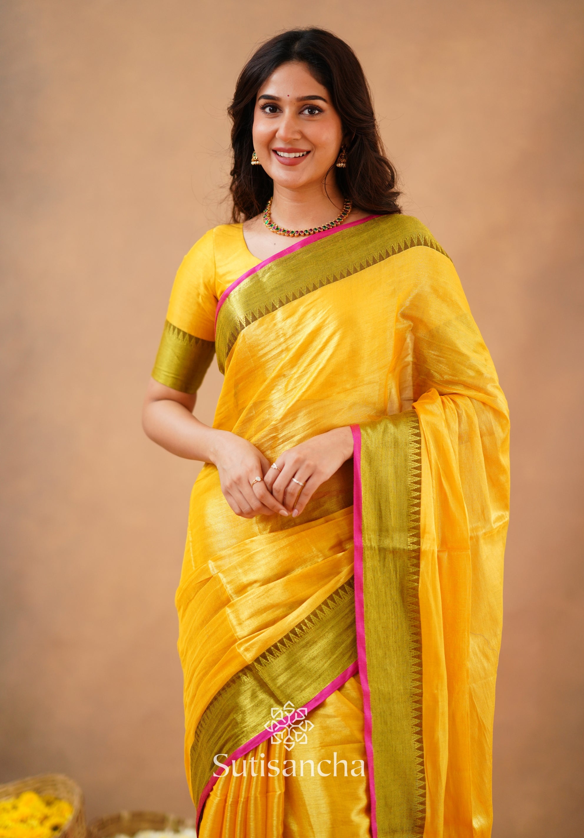 Sutisancha Yellow Handloom Cotton Tissue Saree