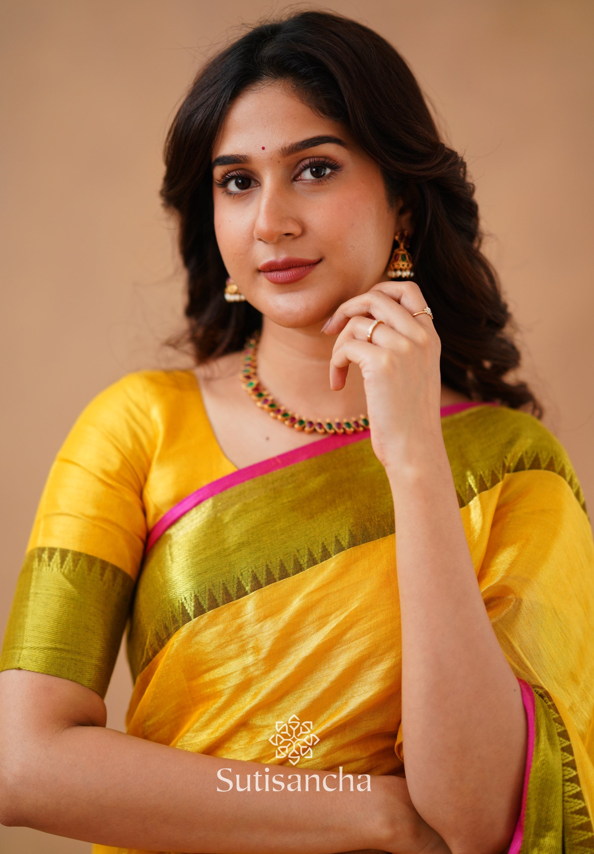 Sutisancha Yellow Handloom Cotton Tissue Saree