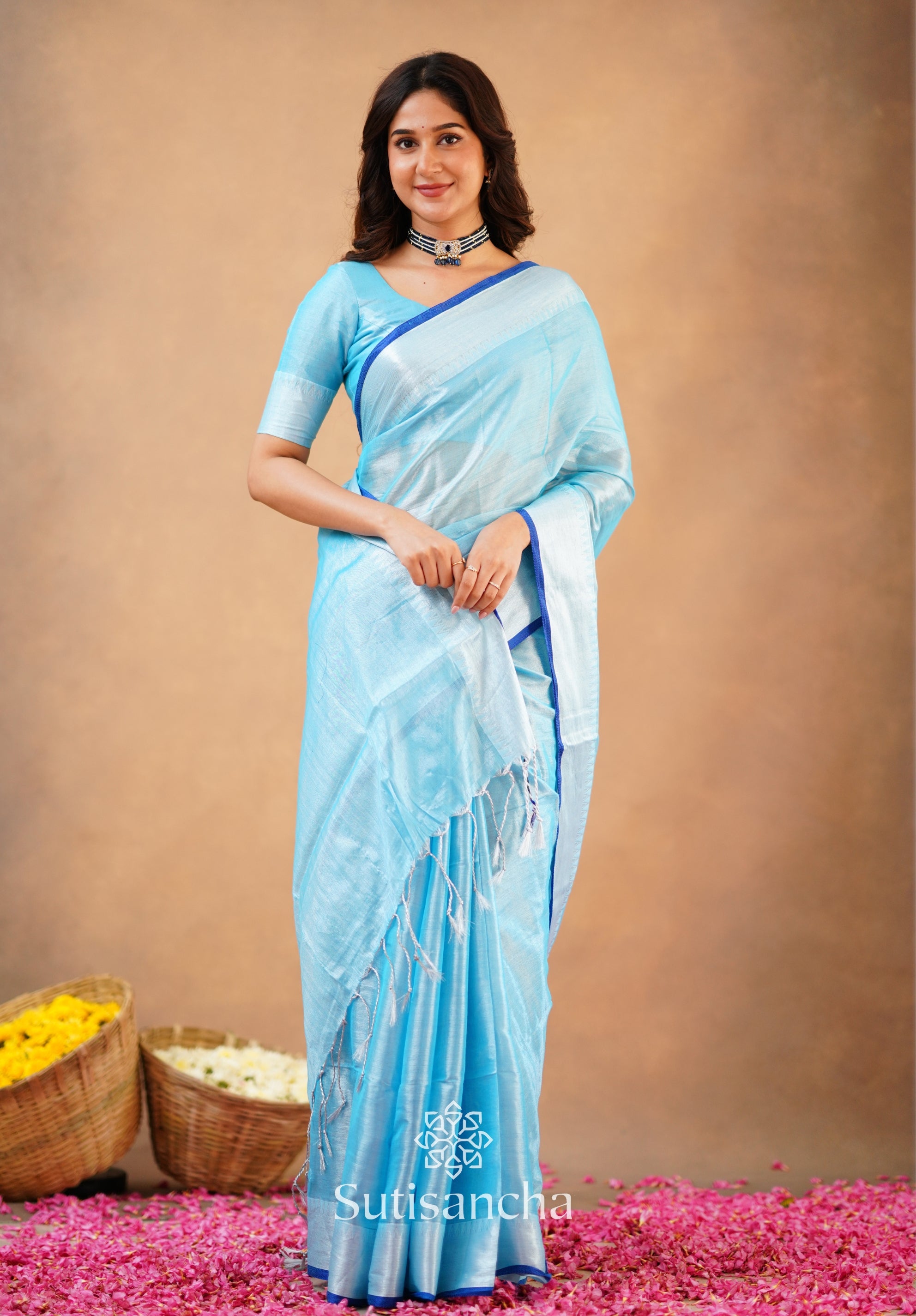 Sutisancha Aqua Blue Handloom Cotton Tissue Saree