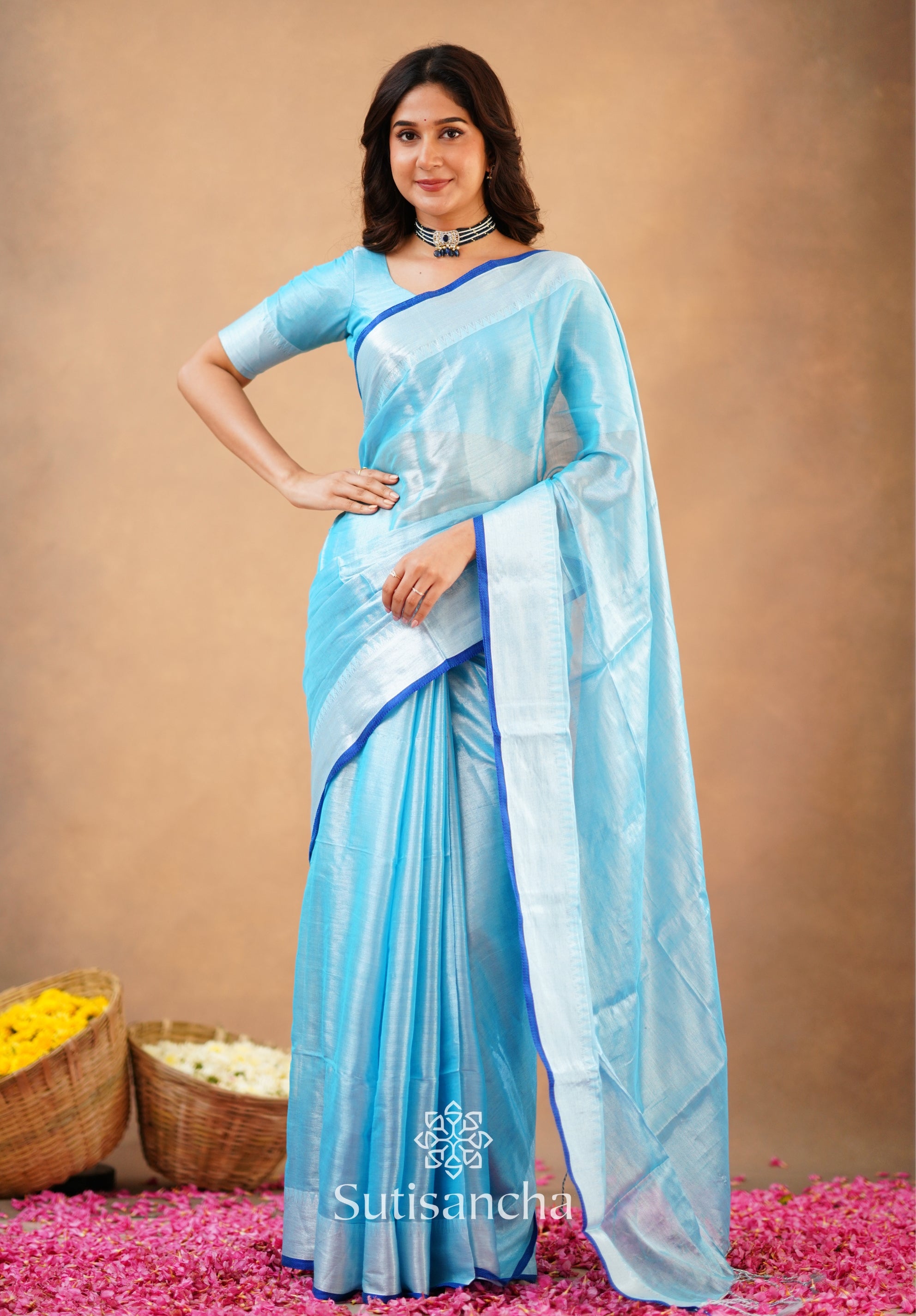 Sutisancha Aqua Blue Handloom Cotton Tissue Saree