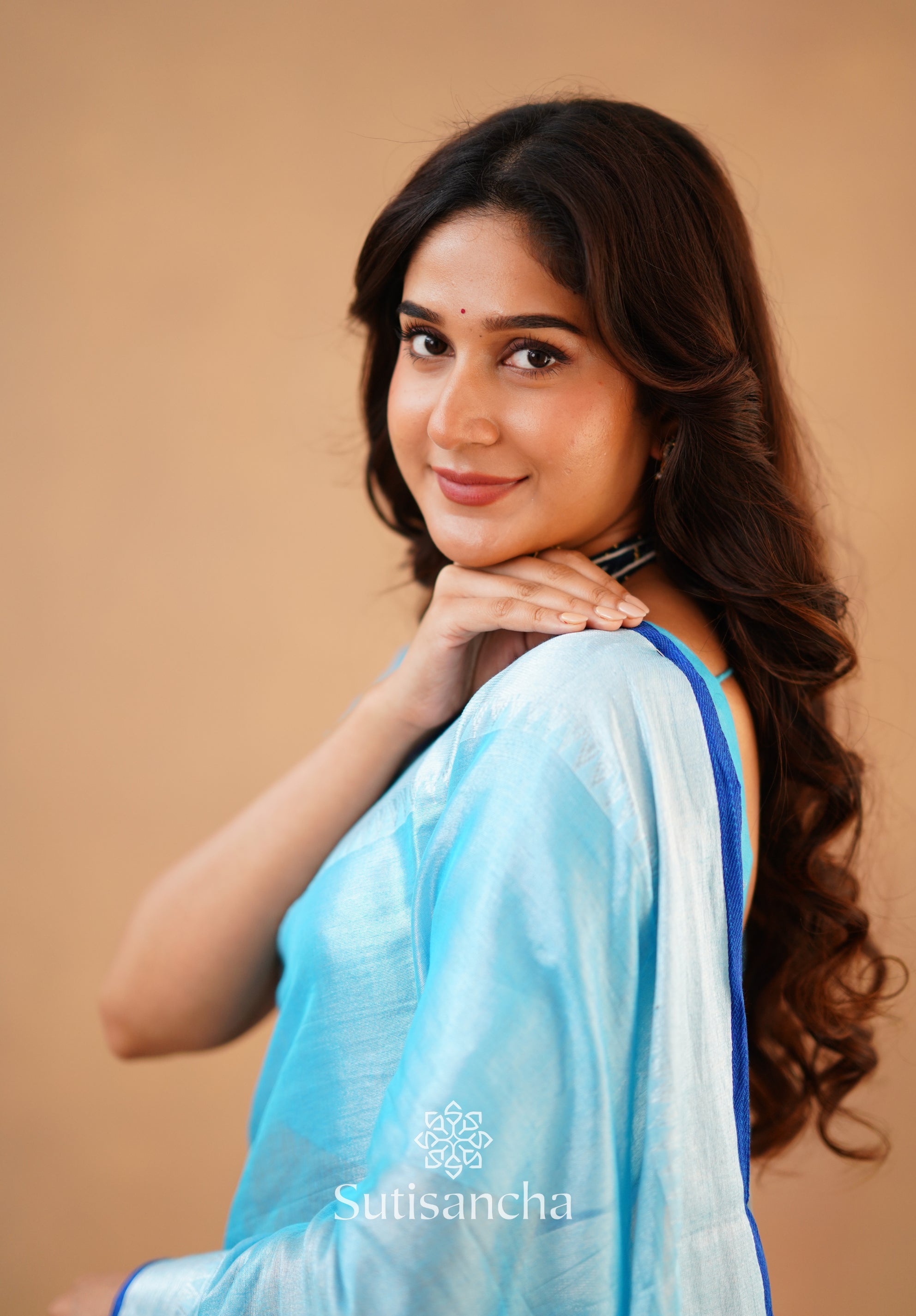Sutisancha Aqua Blue Handloom Cotton Tissue Saree