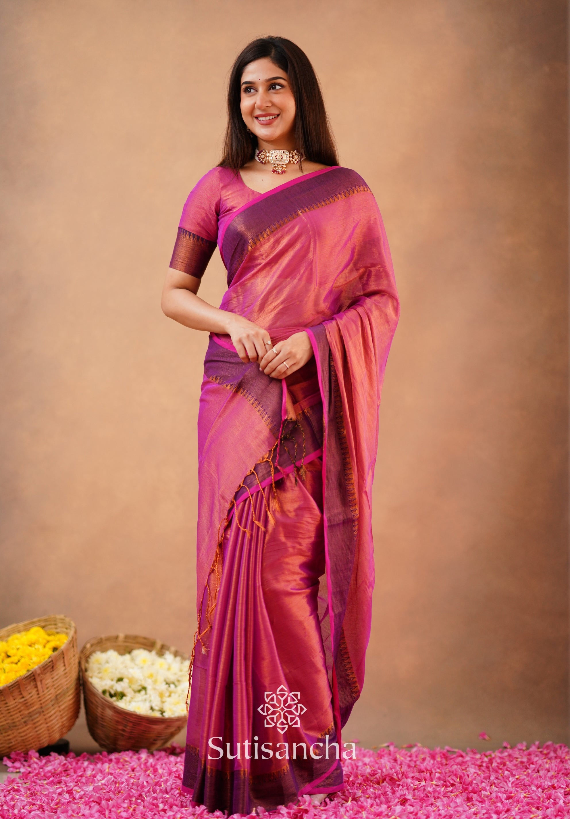 Sutisancha Peach Handloom Cotton Tissue Saree