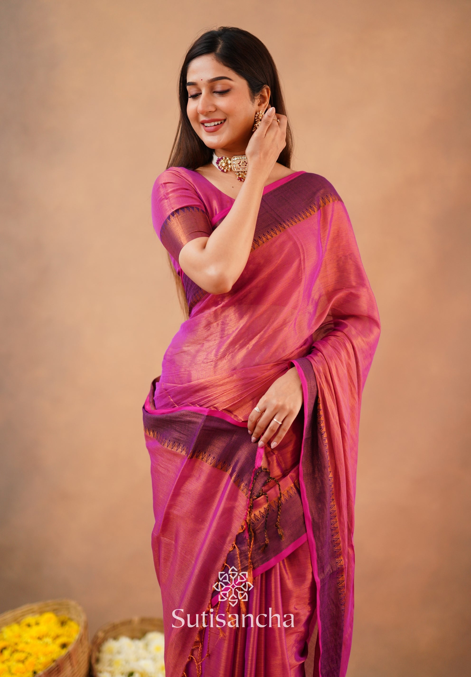 Sutisancha Peach Handloom Cotton Tissue Saree