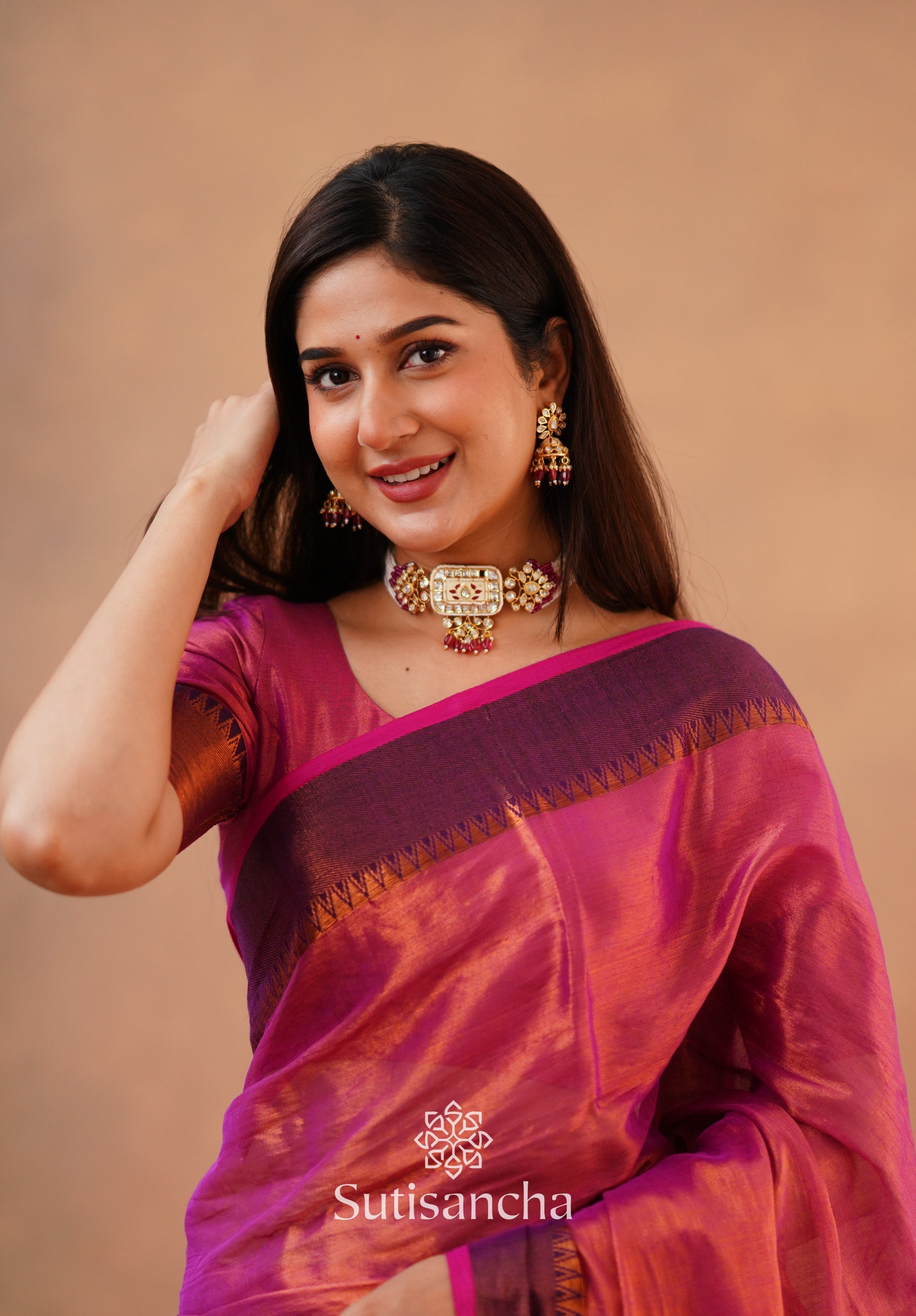 Sutisancha Peach Handloom Cotton Tissue Saree