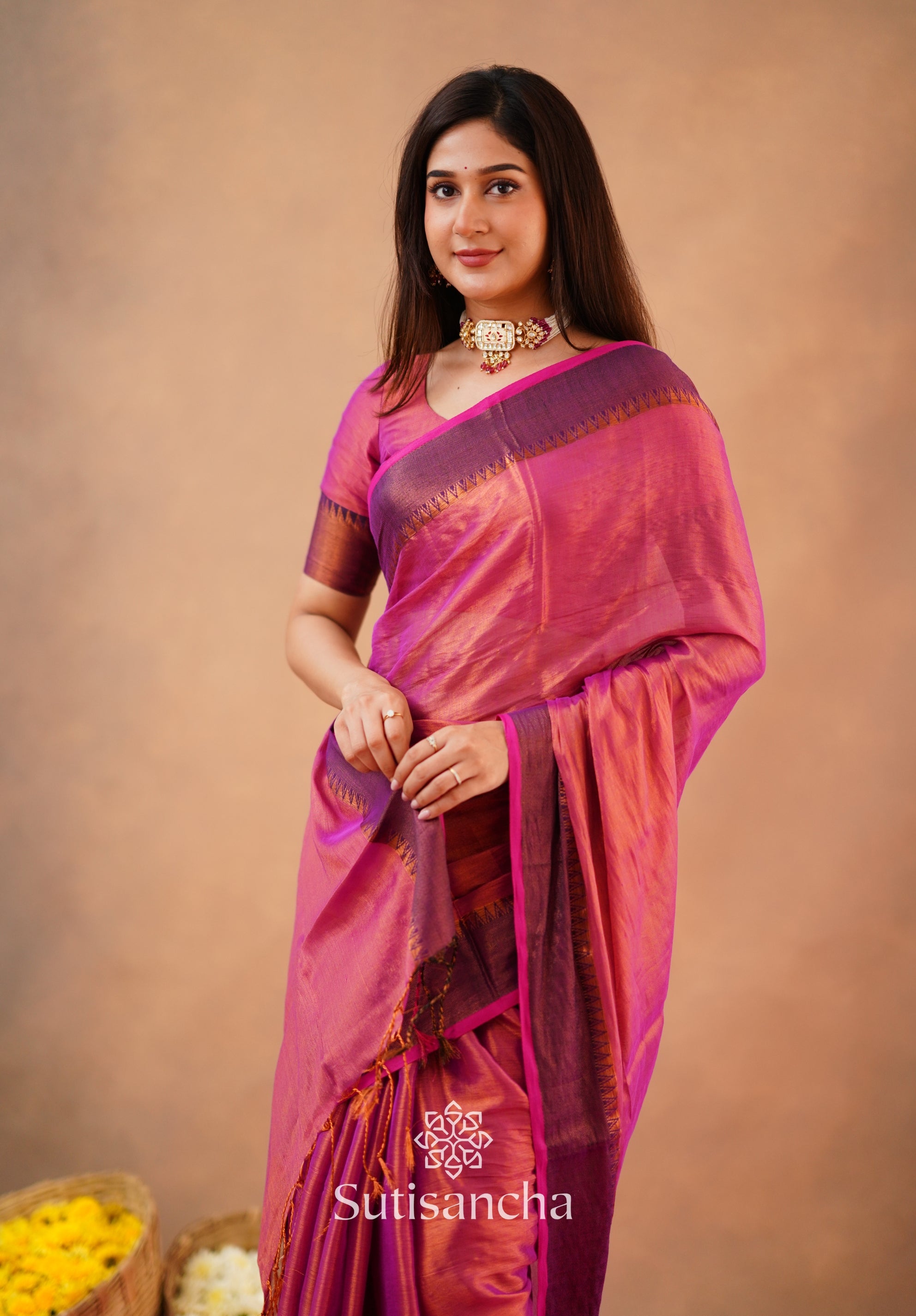 Sutisancha Peach Handloom Cotton Tissue Saree