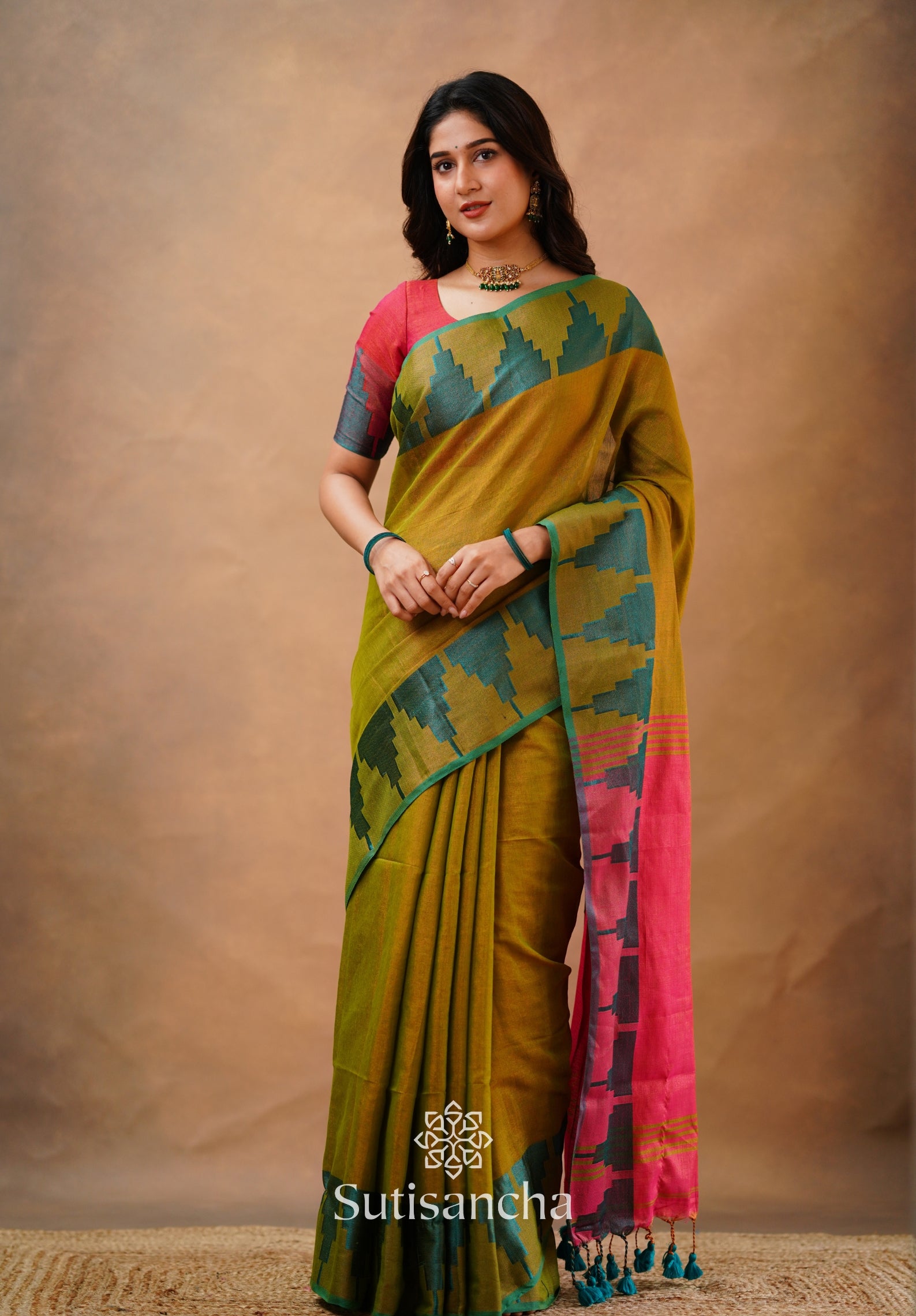 Tissue Cotton Handloom Saree with Artisanal Stepped Border