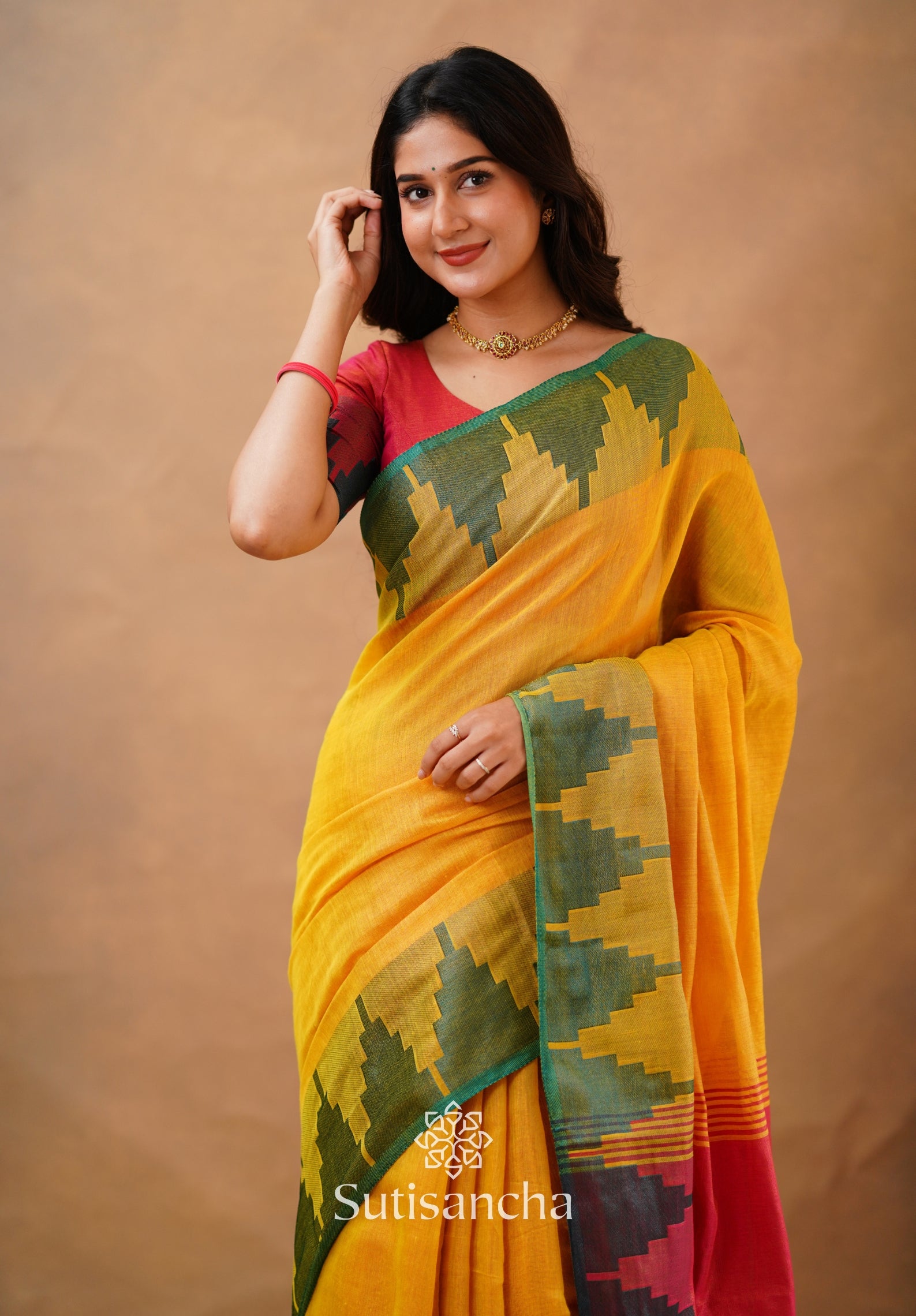 Tissue Cotton Handloom Saree with Artisanal Stepped Border
