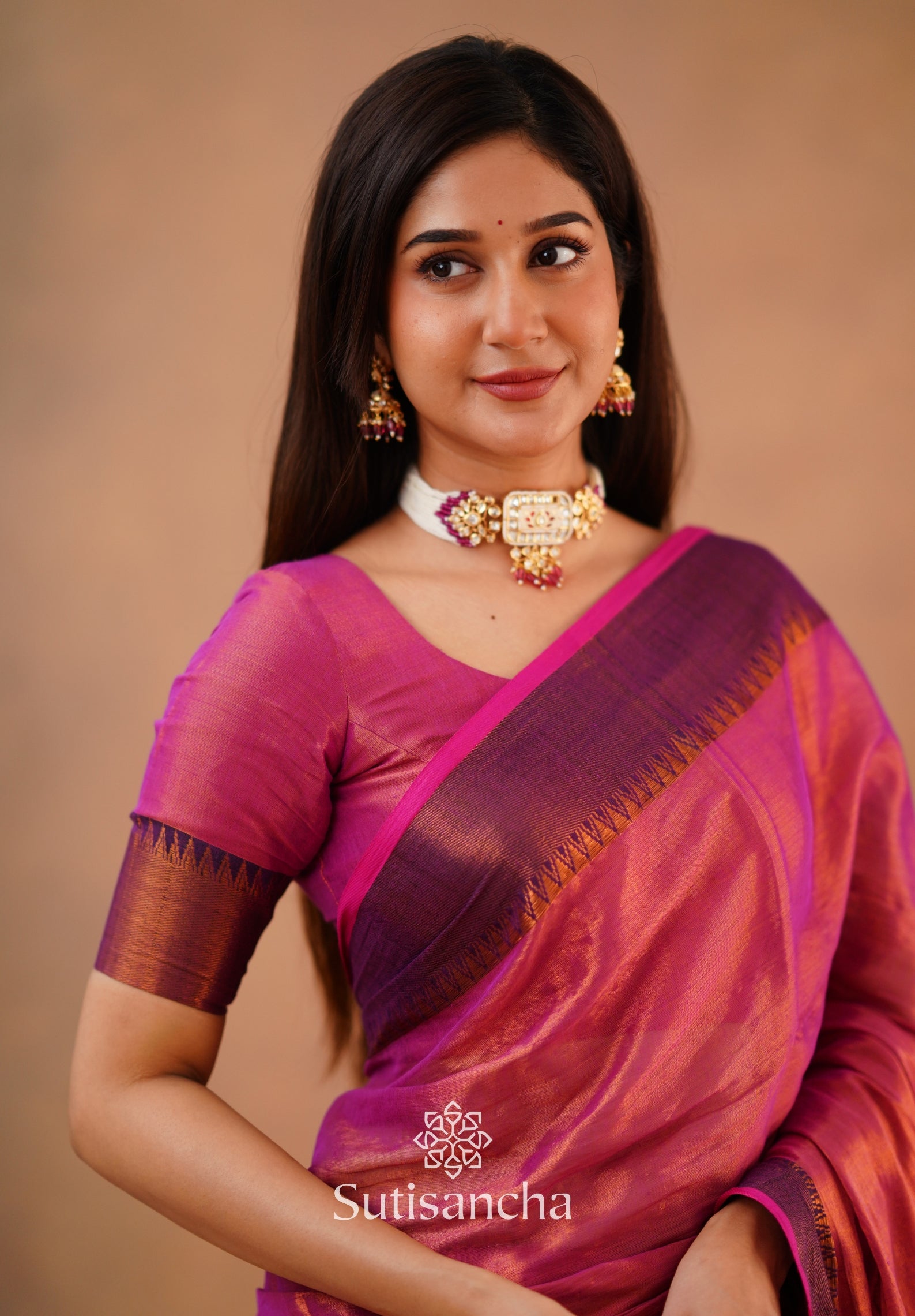 Sutisancha Peach Handloom Cotton Tissue Saree