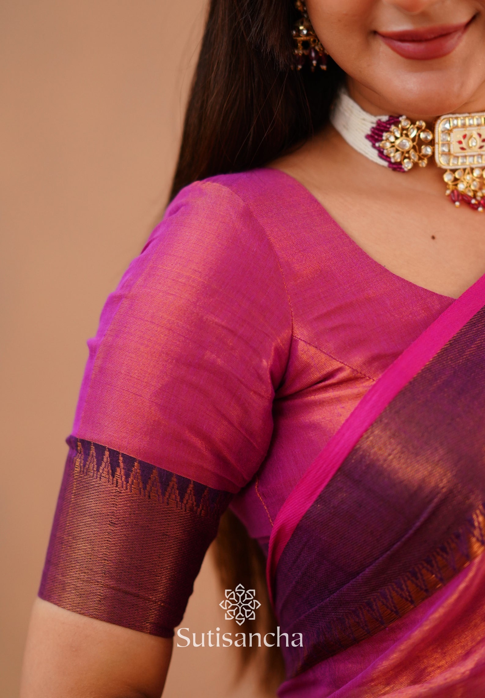 Sutisancha Peach Handloom Cotton Tissue Saree