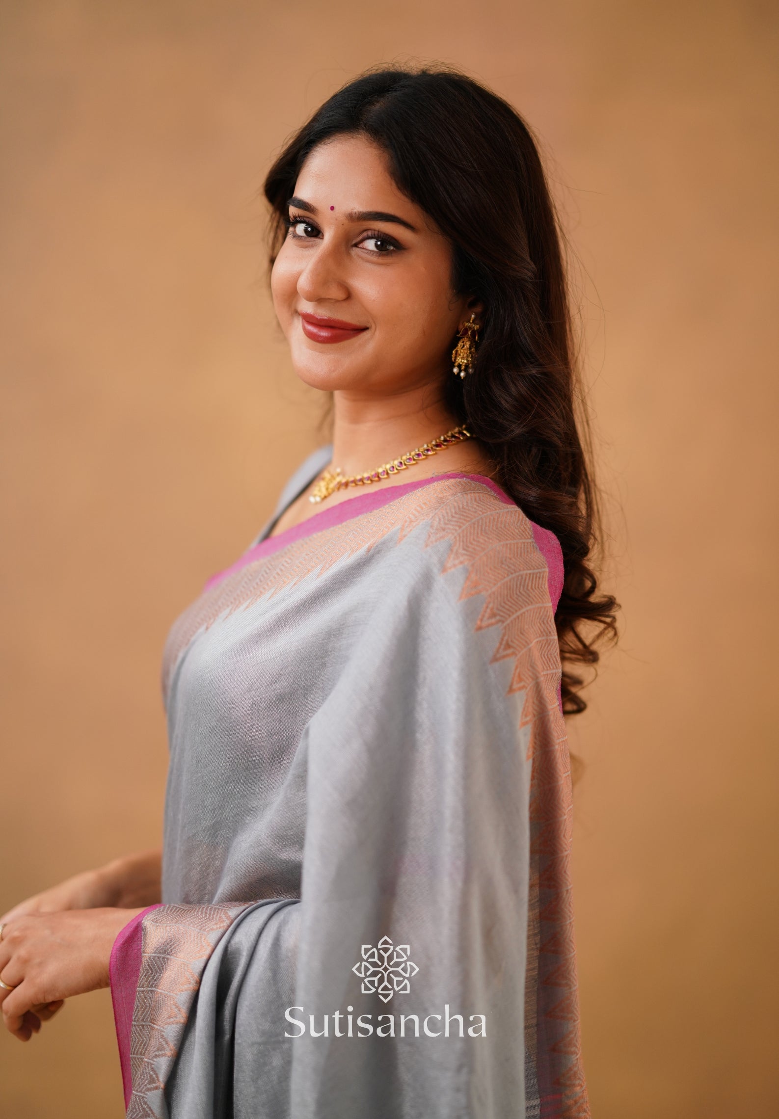 Sutisancha Metal Gray Handloom Cotton Designer Tissue Saree