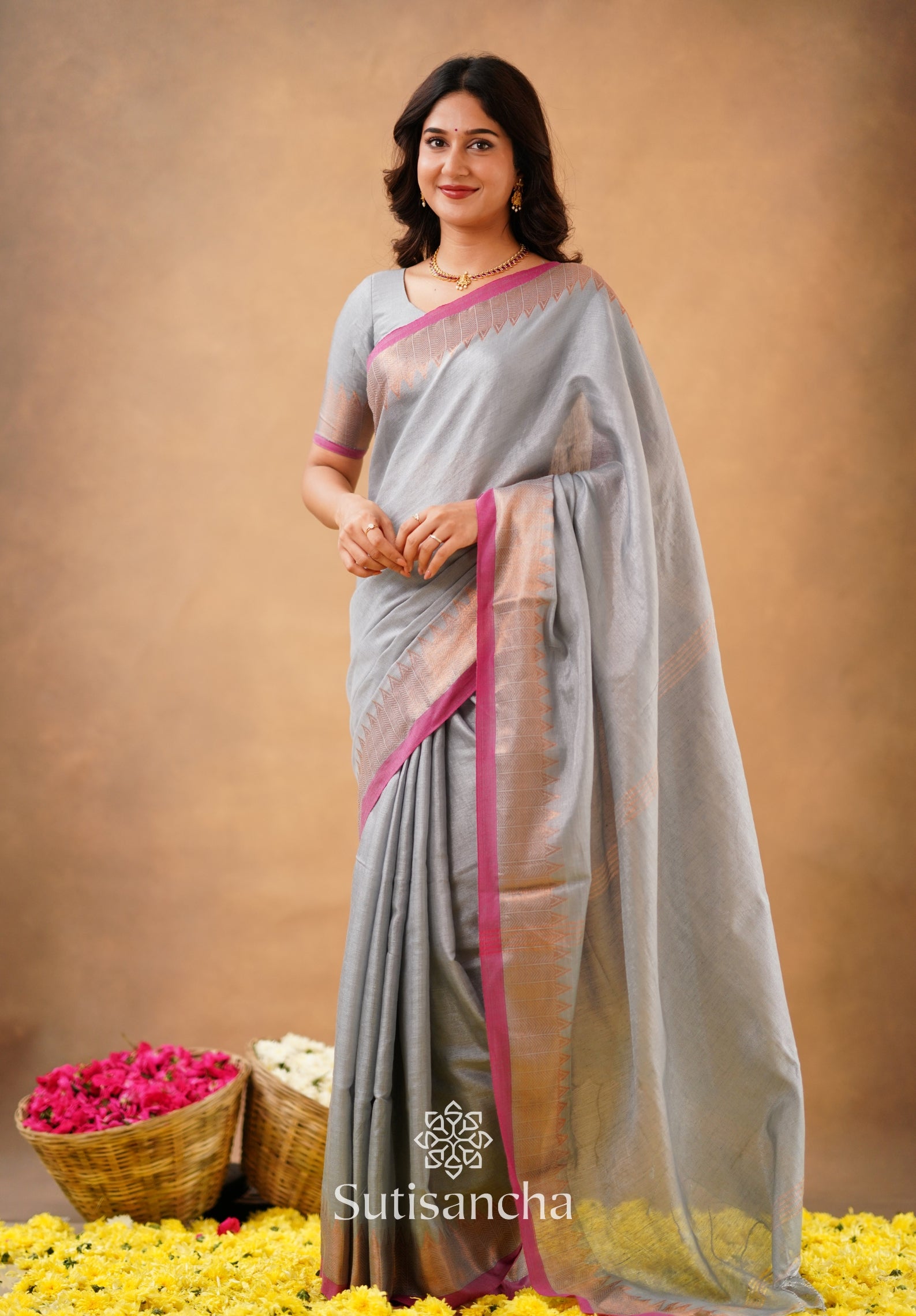Sutisancha Metal Gray Handloom Cotton Designer Tissue Saree
